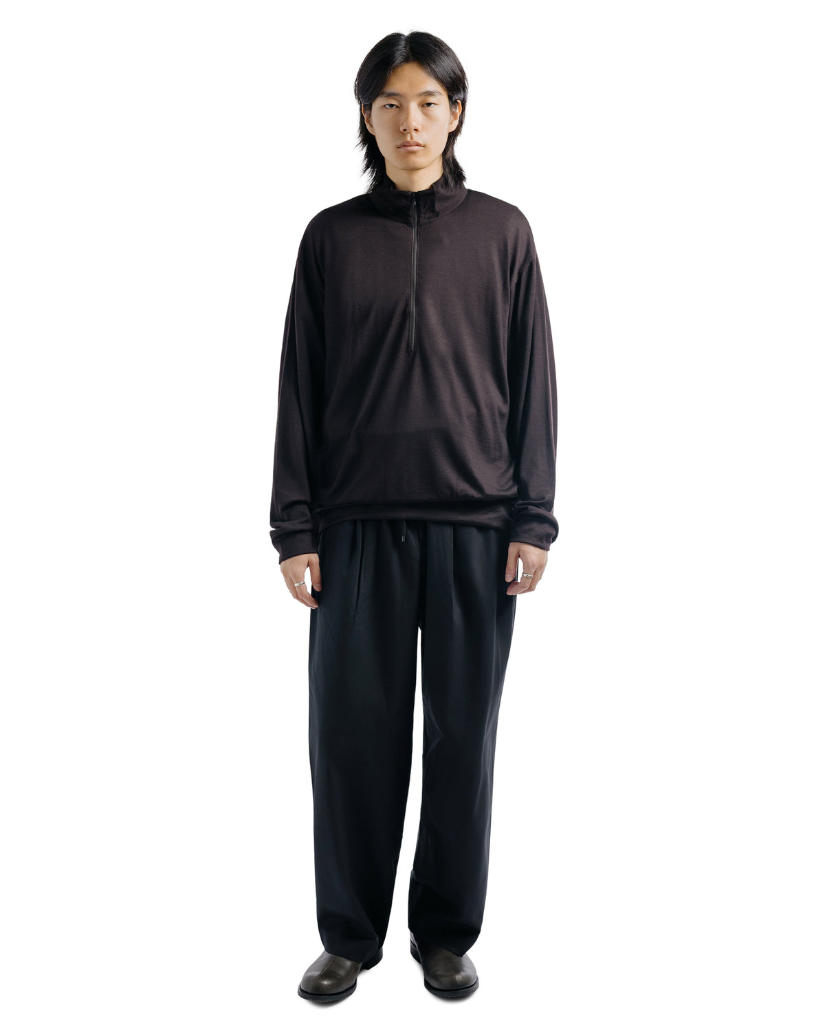marka Half-Zip Stand Collar Super 100's Washable Wool Jersey Dark Brown