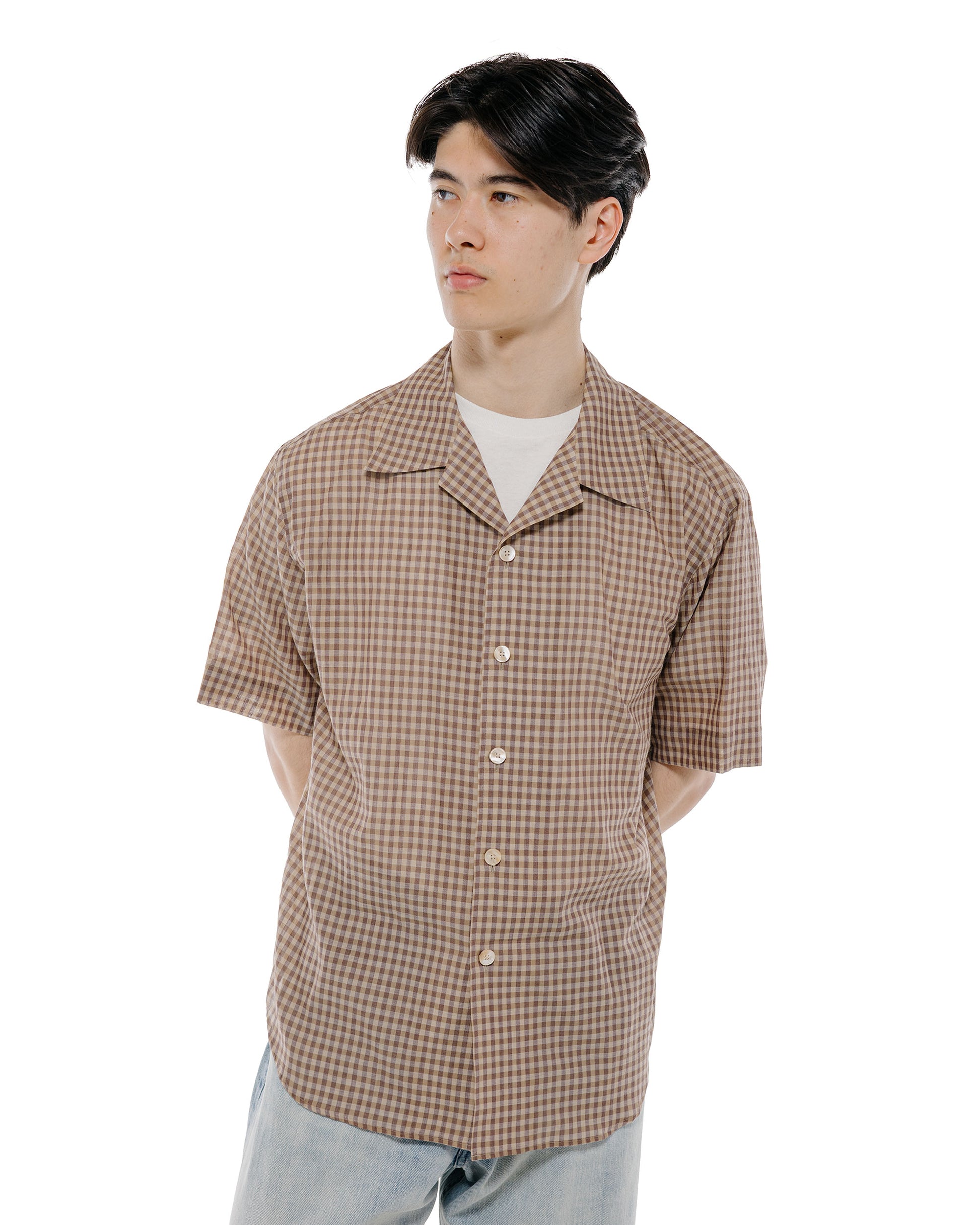 lost & found Auralee Auralee Airy Light Cotton Check Half Sleeved Shirt Brown Gingham Check