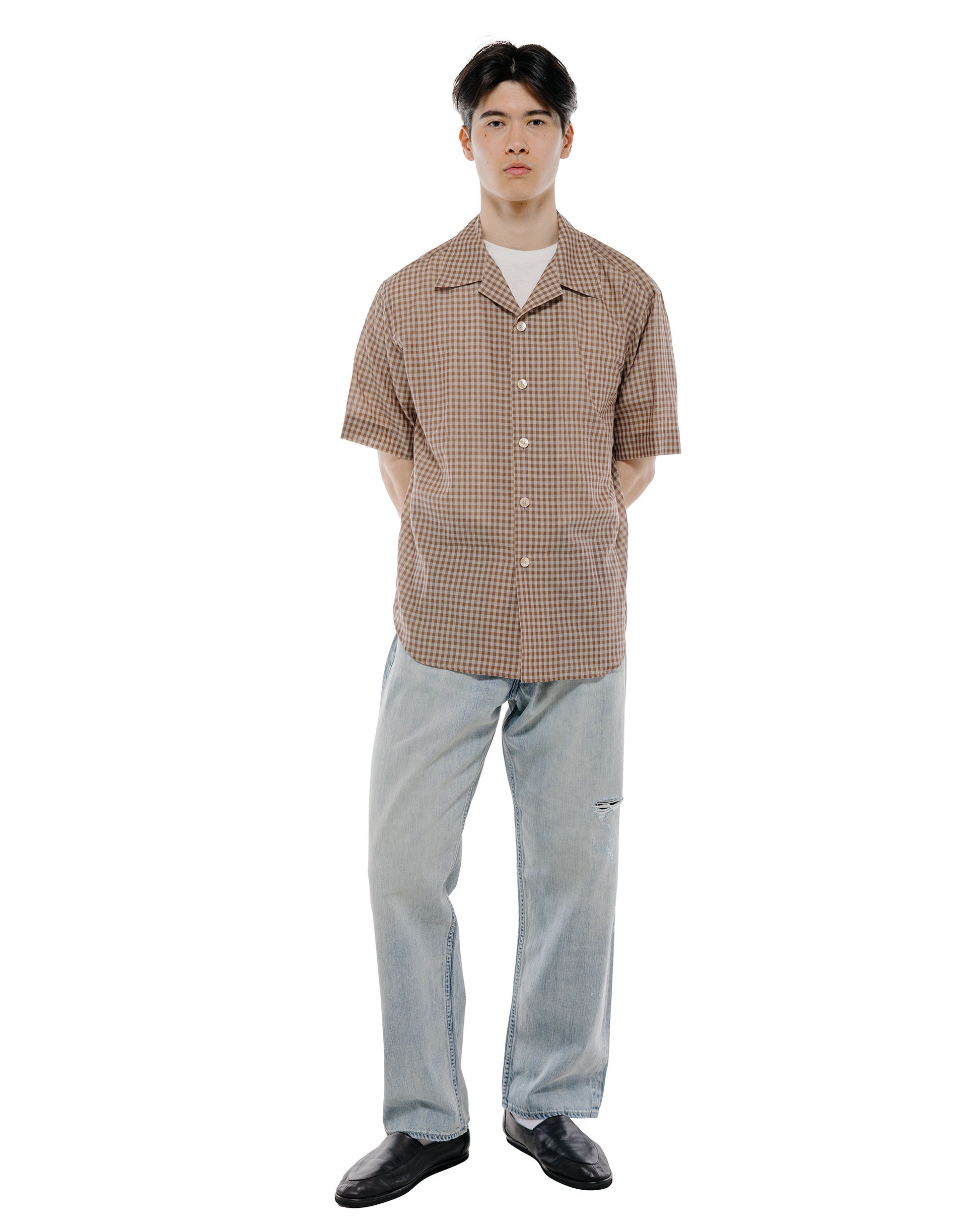 lost & found Auralee Auralee Airy Light Cotton Check Half Sleeved Shirt Brown Gingham Check