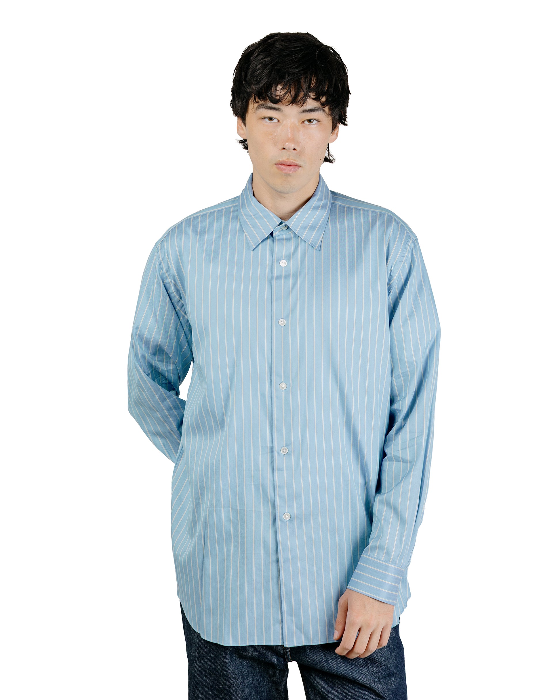 Auralee Cotton Silk Stripe Shirt Sax Blue Stripe