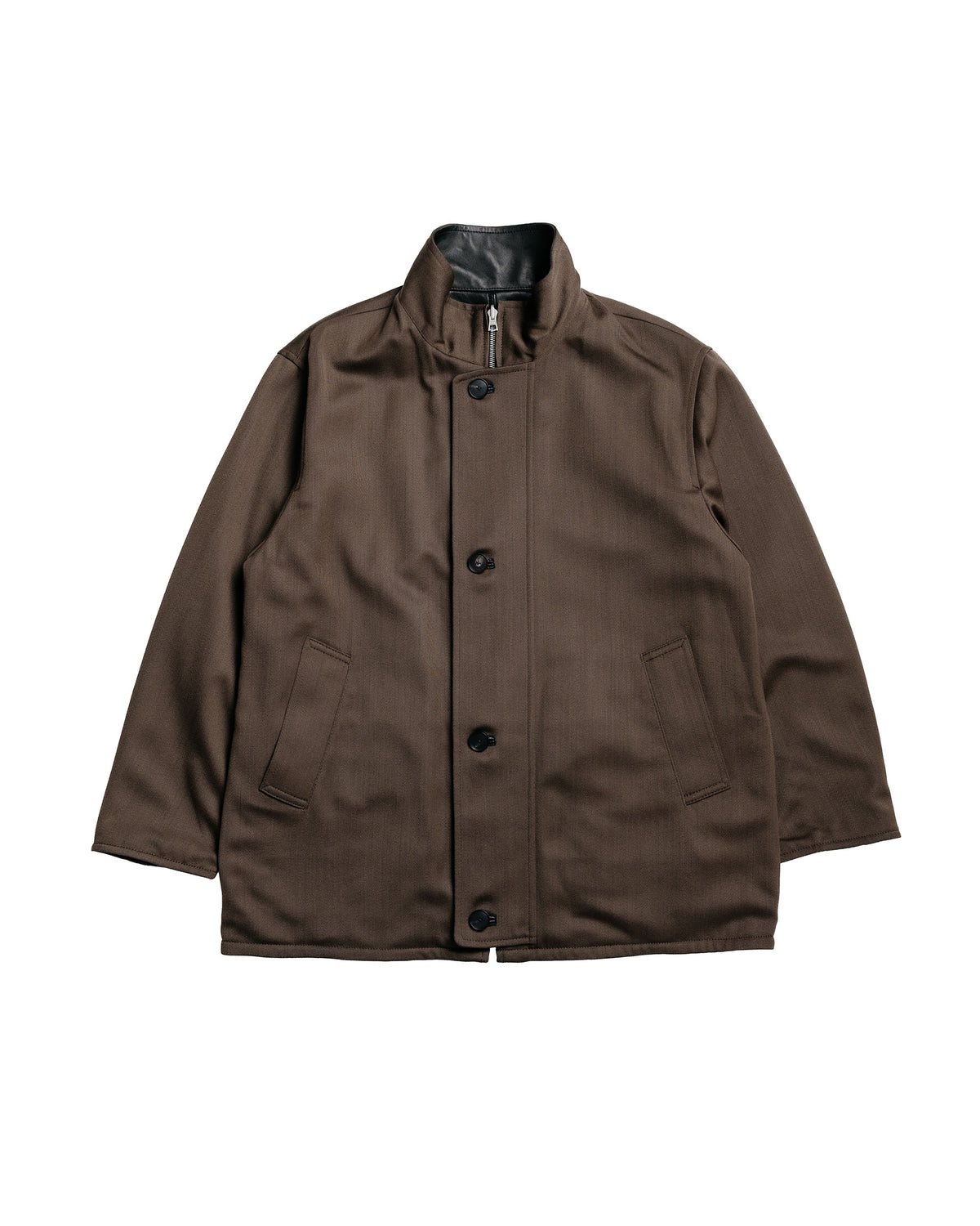 Auralee Reversible Wool Twisted Twill / Sheep Leather Half Coat Brown Chambray/Black