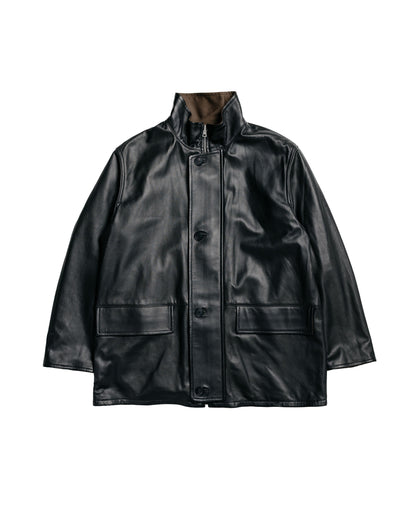 Auralee Reversible Wool Twisted Twill / Sheep Leather Half Coat Brown Chambray/Black