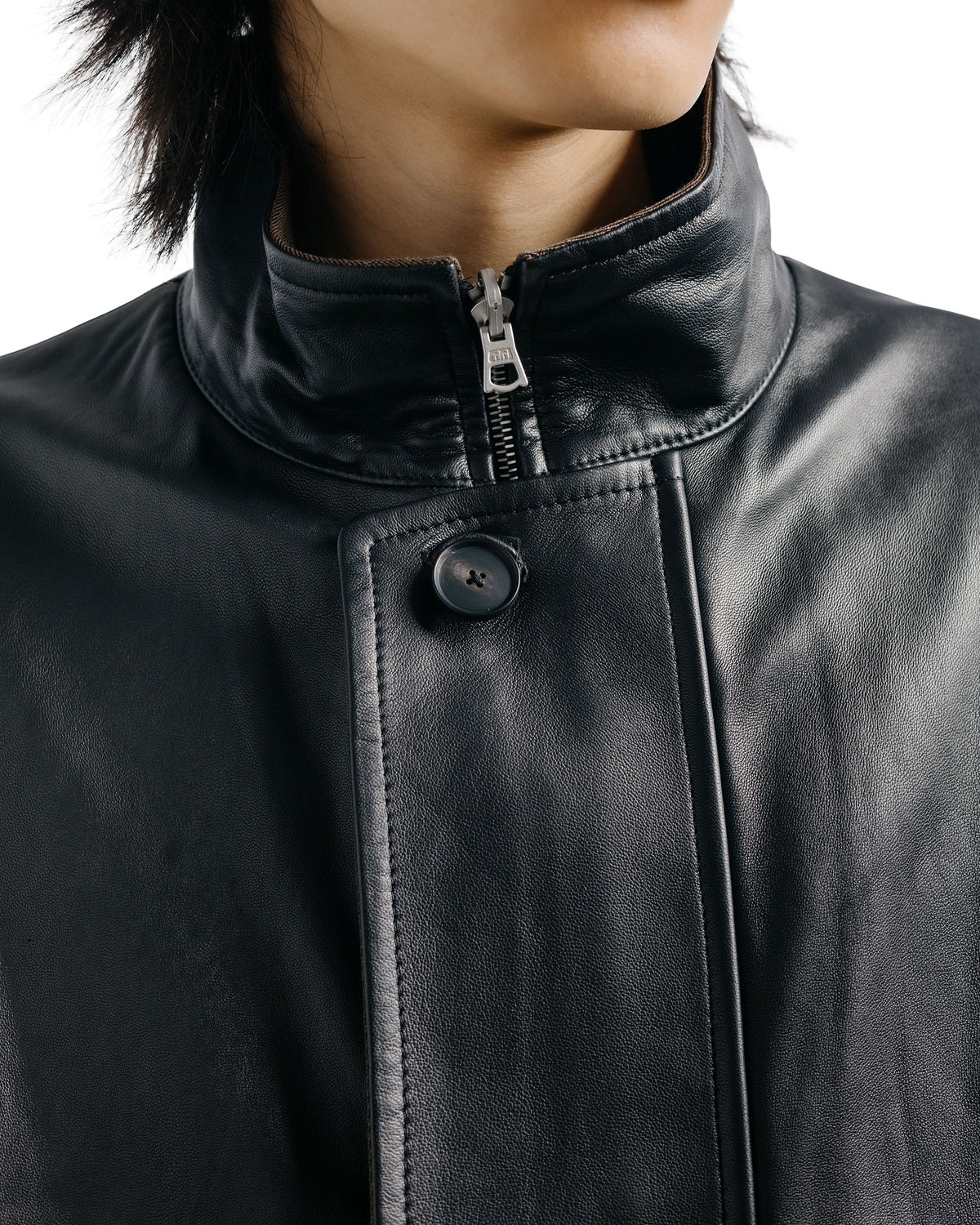 Auralee Reversible Wool Twisted Twill / Sheep Leather Half Coat Brown Chambray/Black