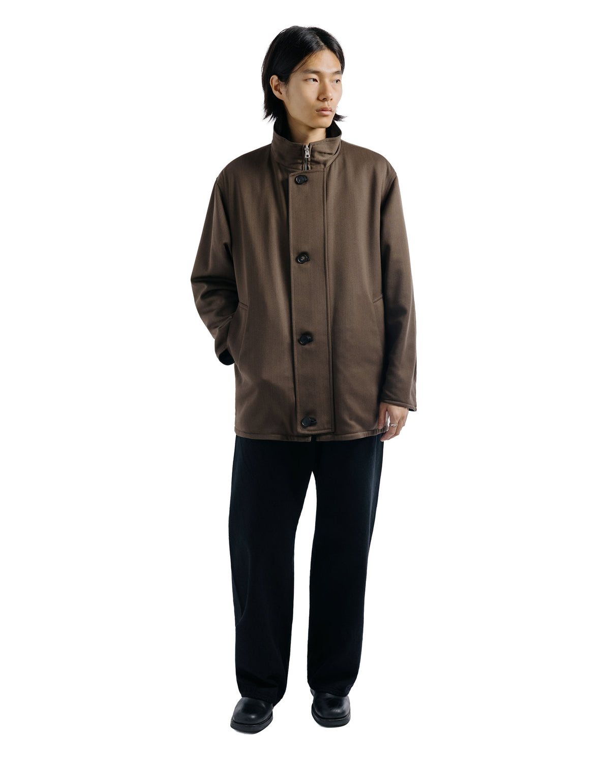 Auralee Reversible Wool Twisted Twill / Sheep Leather Half Coat Brown Chambray/Black