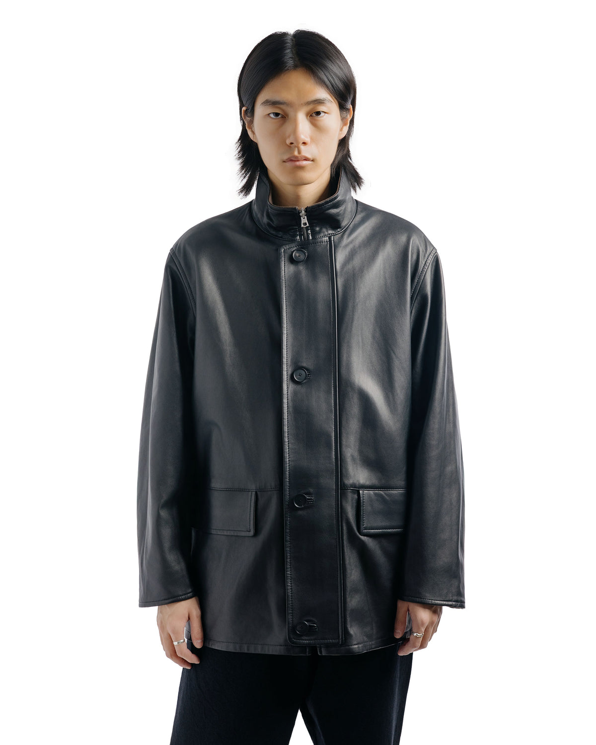 Auralee Reversible Wool Twisted Twill / Sheep Leather Half Coat Brown Chambray/Black