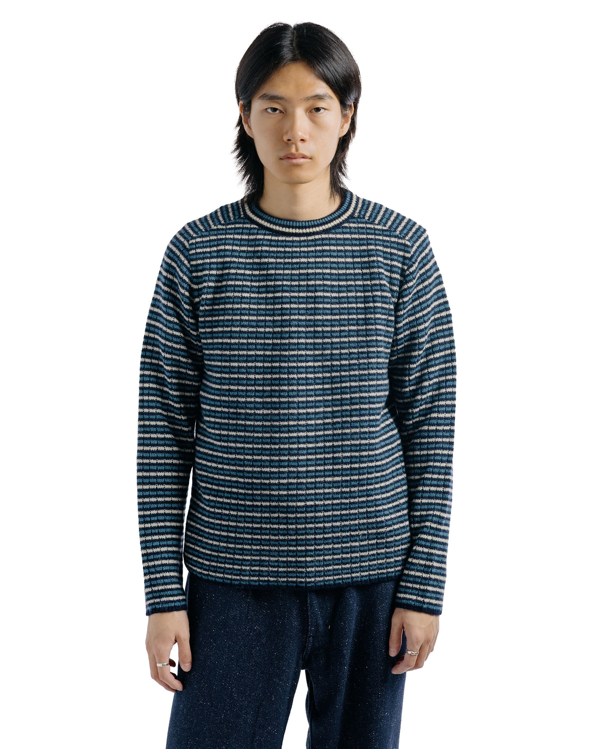 Auralee Shetland Wool Cashmere Rib Knit P/O Navy Stripe