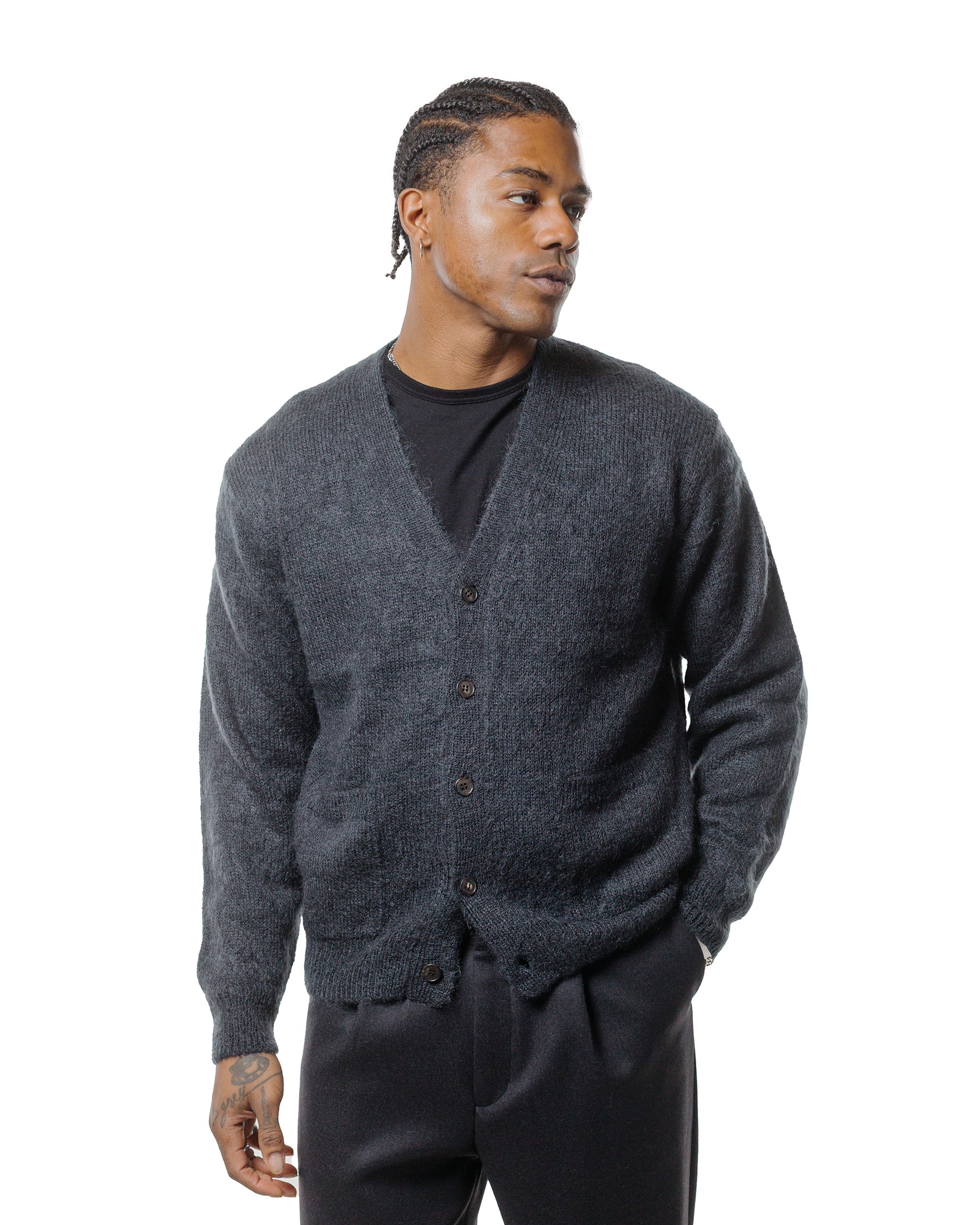 lost & found Batoner Batoner Pure Mohair V Cardigan Charcoal Blue