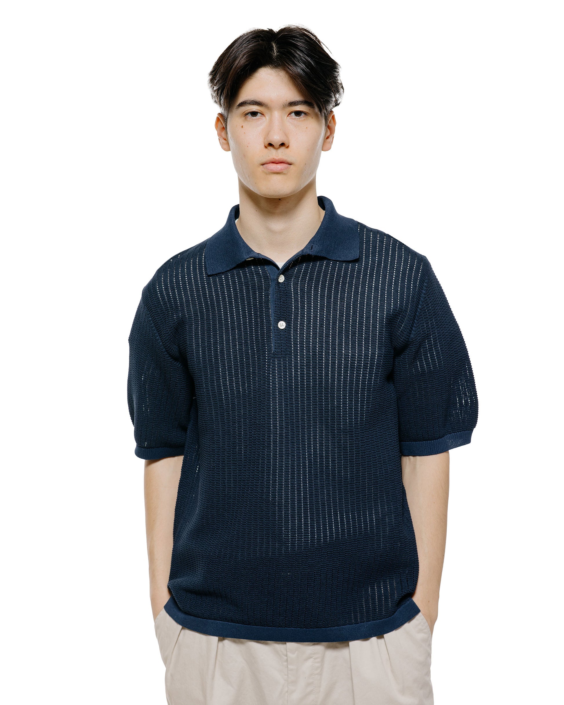 lost & found Beams Plus Beams Plus Knit Polo 'Washi' 2 Tone Navy