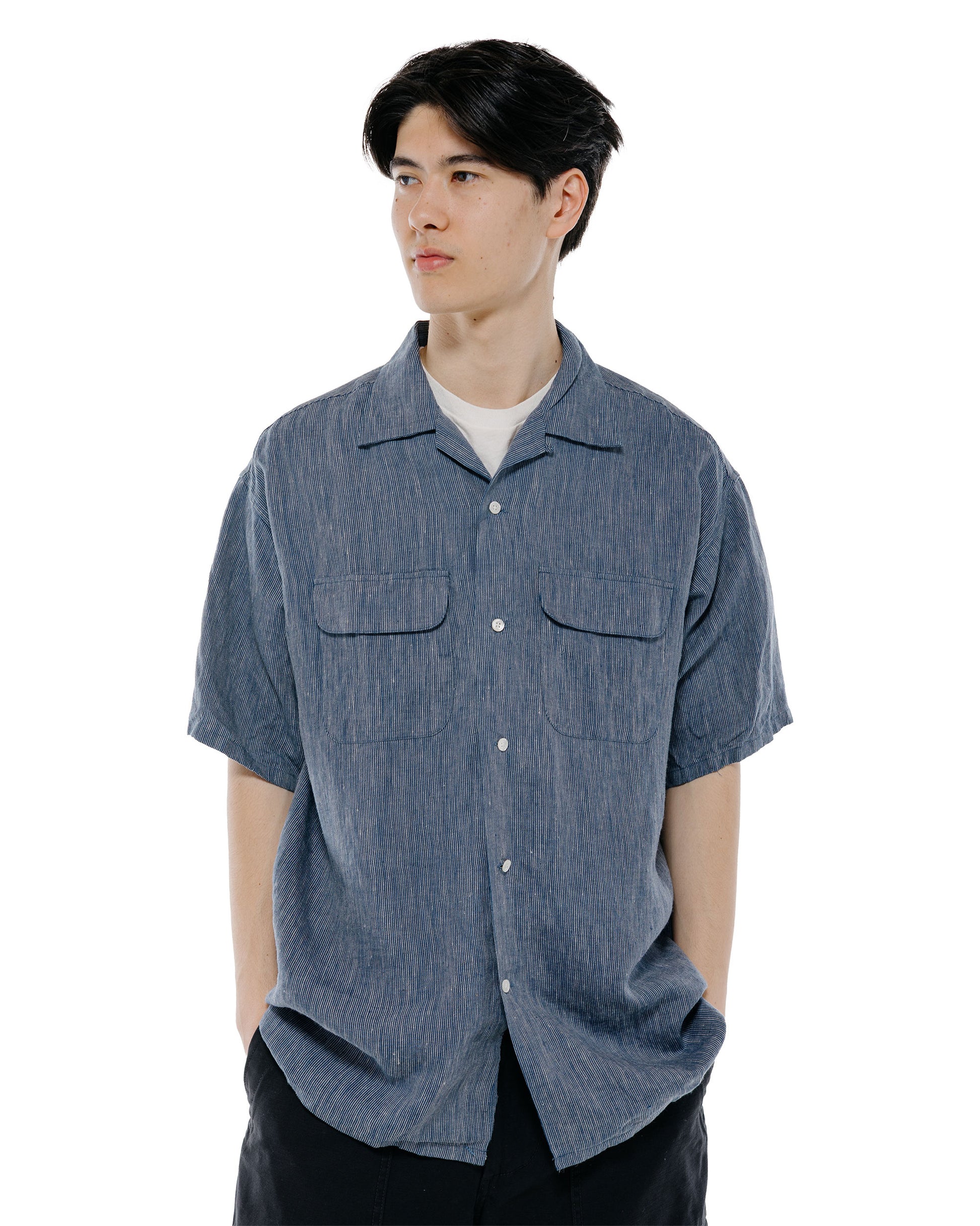 lost & found Beams Plus Beams Plus Open Collar Indigo Linen Stripe