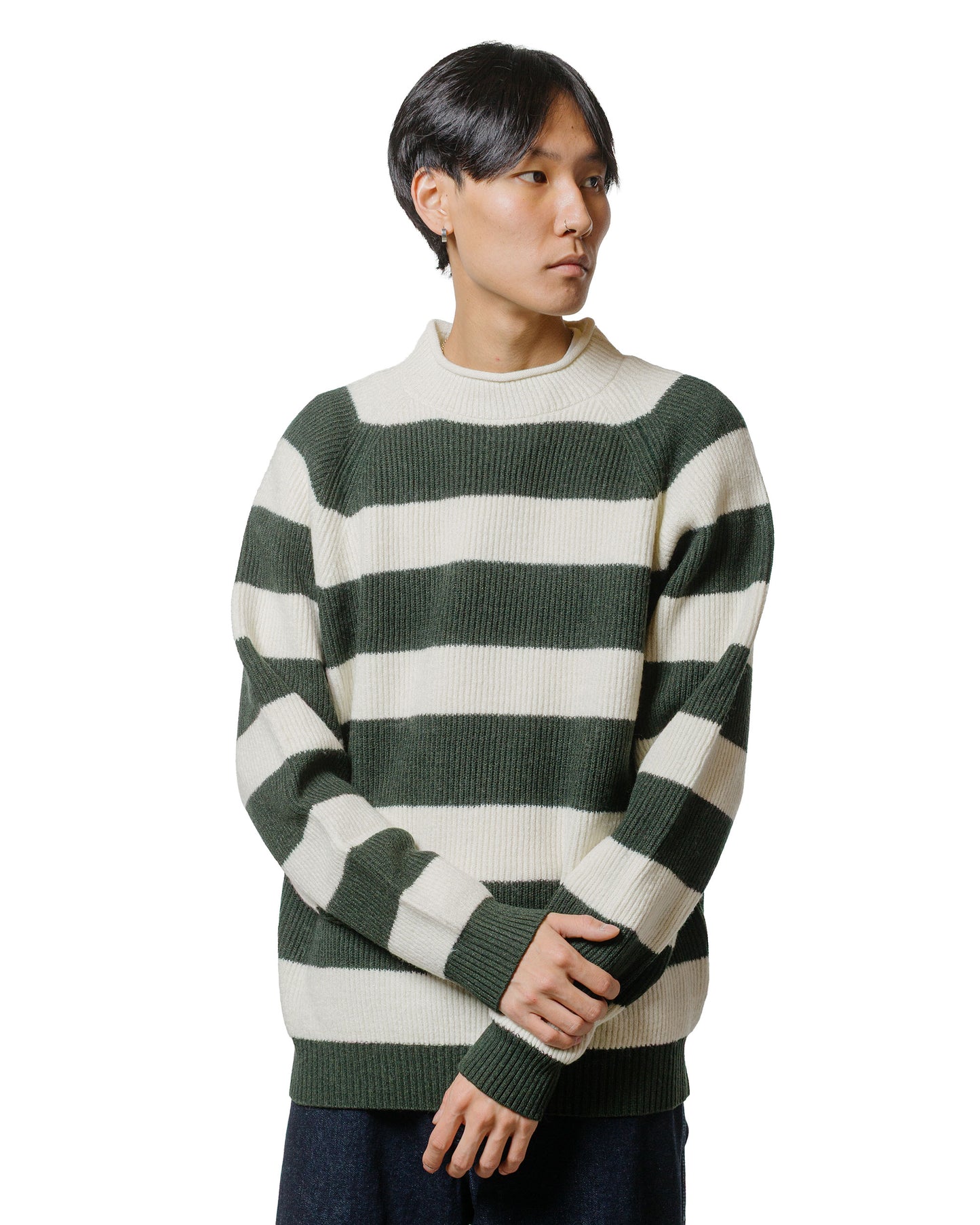 lost & found Beams Plus Beams Plus Hi-Neck Rib Stitch Stripe White