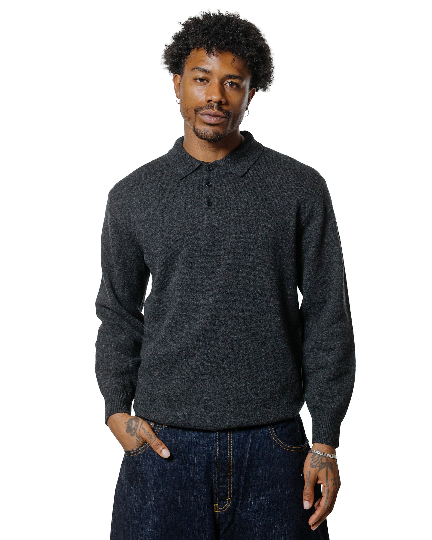 lost & found Beams Plus Beams Plus Knit Polo 9G Charcoal Grey