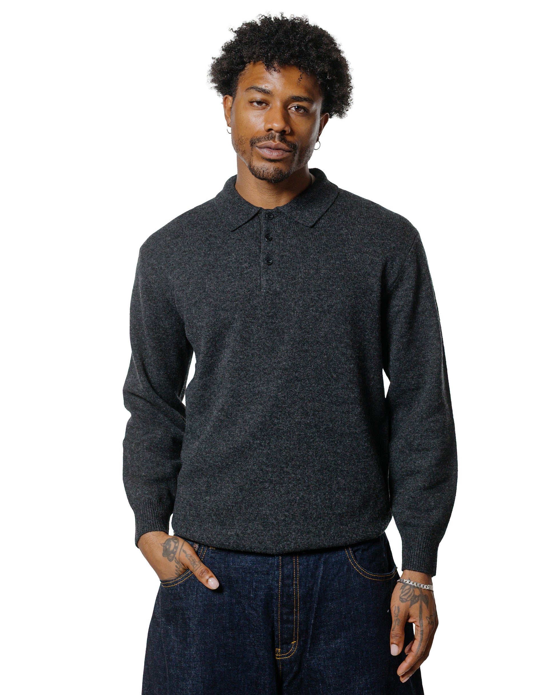 lost & found Beams Plus Beams Plus Knit Polo 9G Charcoal Grey