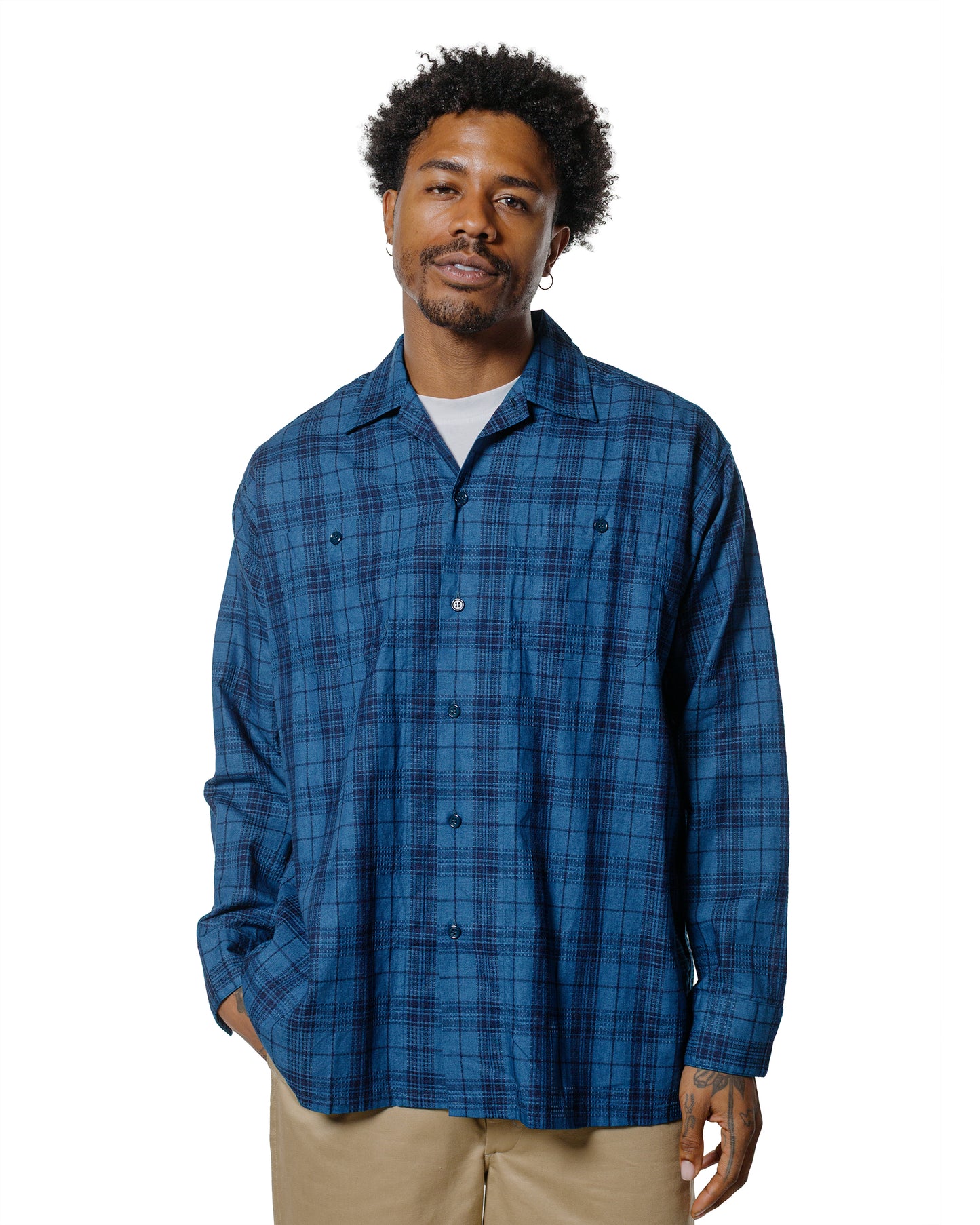 lost & found Beams Plus Beams Plus MIL Open Collar Indigo Dobby Plaid Wide Plaid