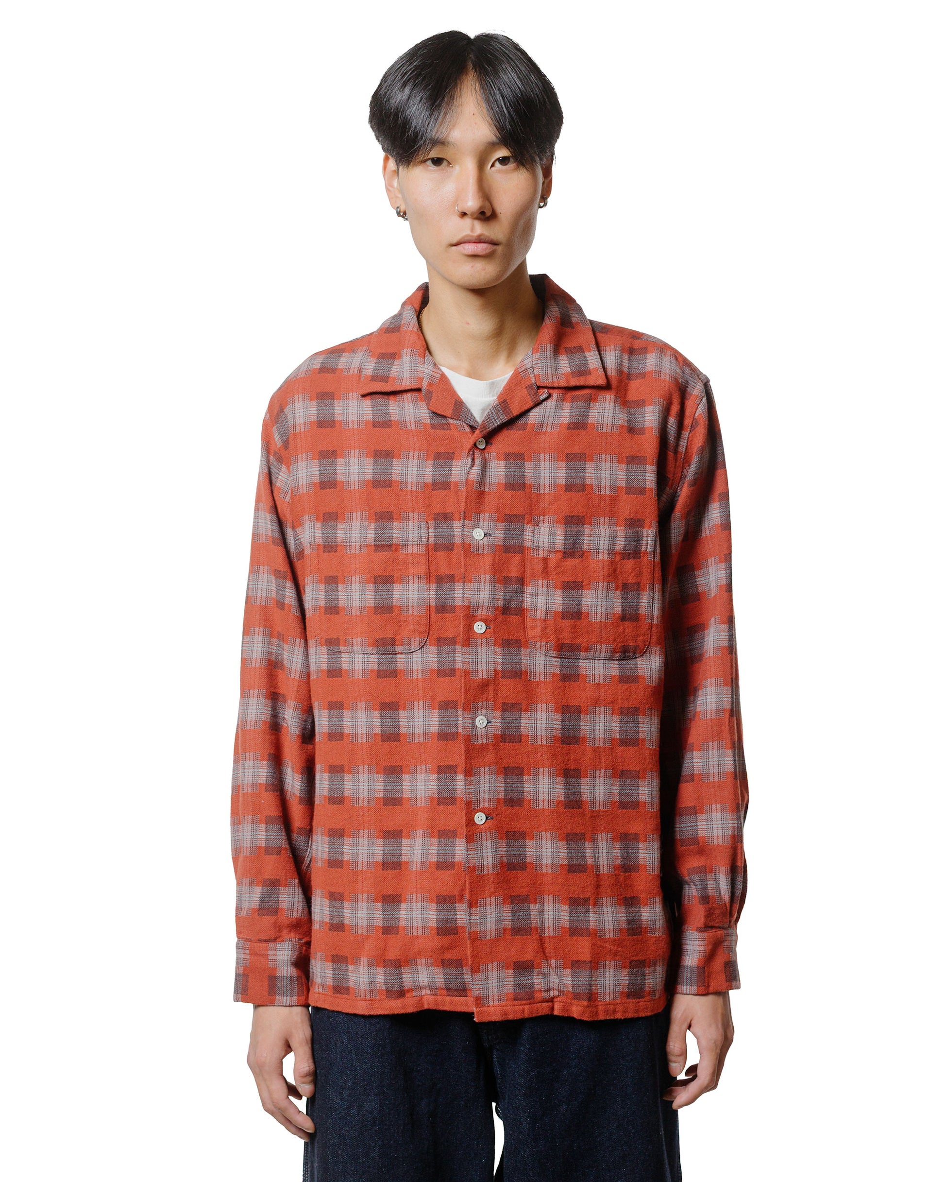 lost & found Beams Plus Beams Plus Open Collar Brushed Satin Plaid Red