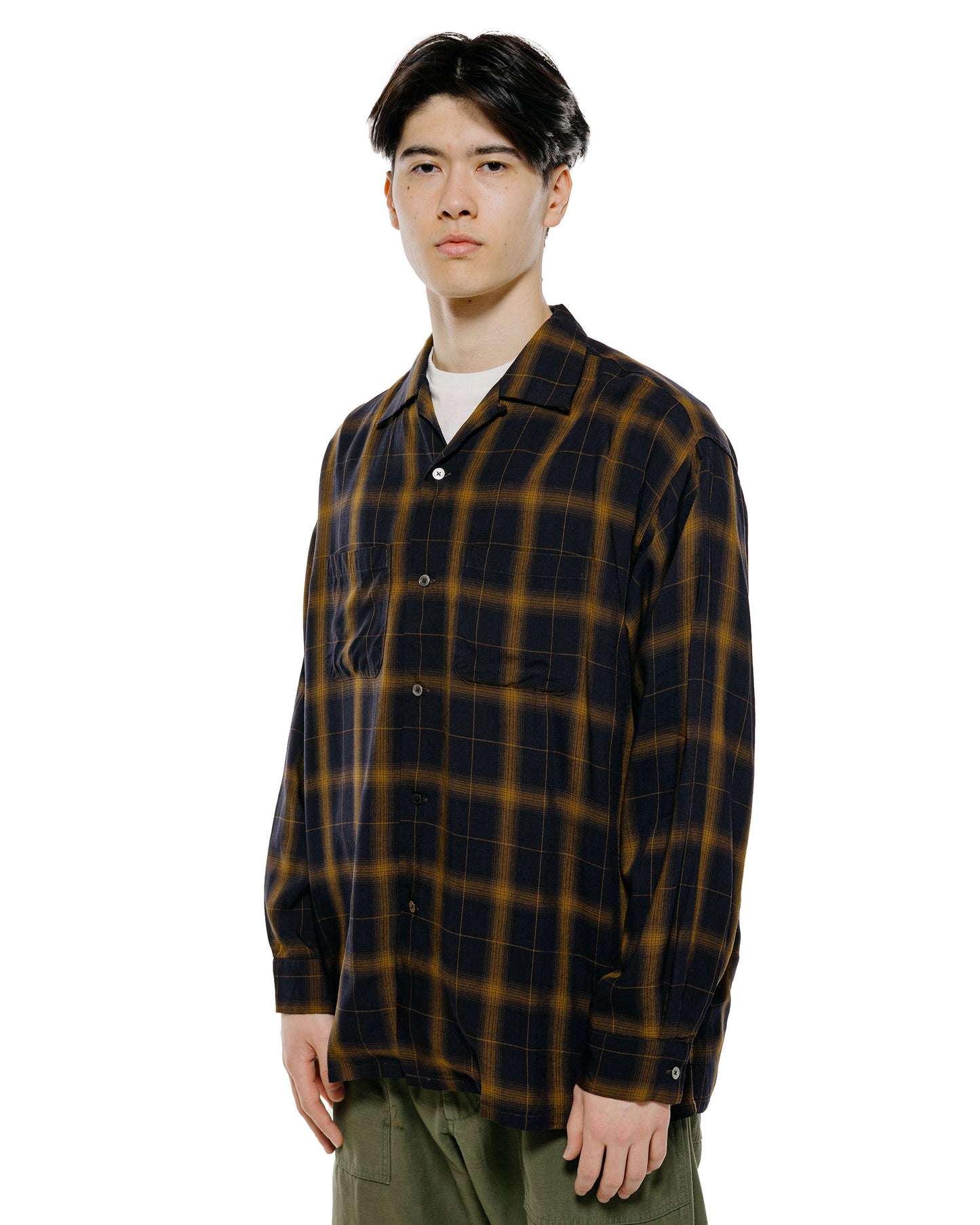 lost & found Beams Plus Beams Plus Open Collar Ombre Plaid Black Mustard Ombre