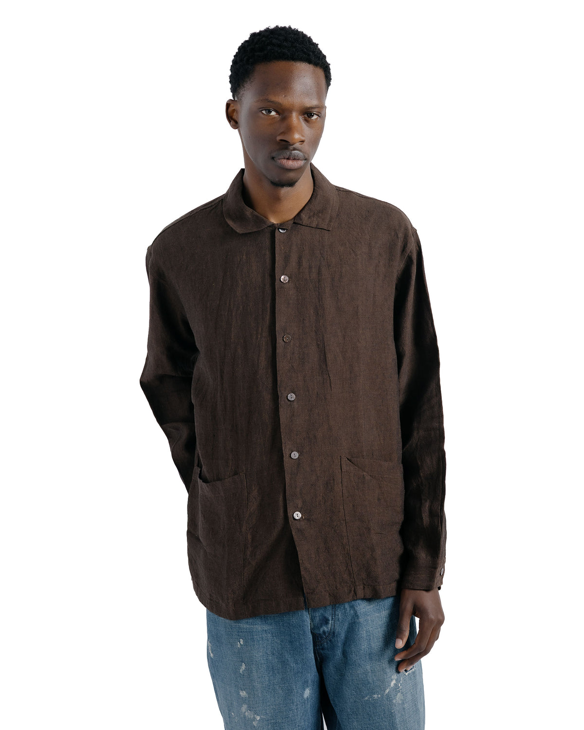 Conkers Martyn Shirt Linen Crossweave Brown & Black
