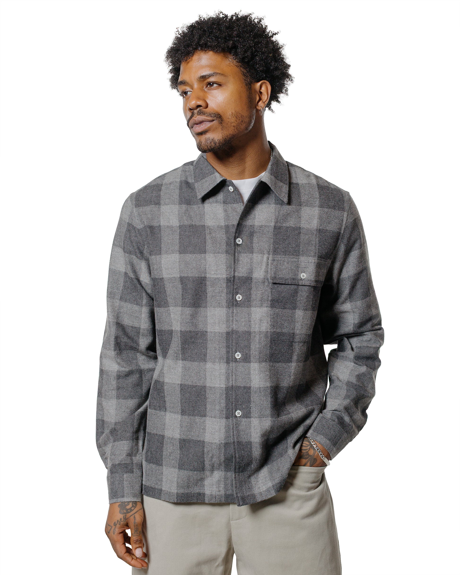 lost & found De Bonne Facture De Bonne Facture Camp Collar Japanese Cotton Grey Tartan