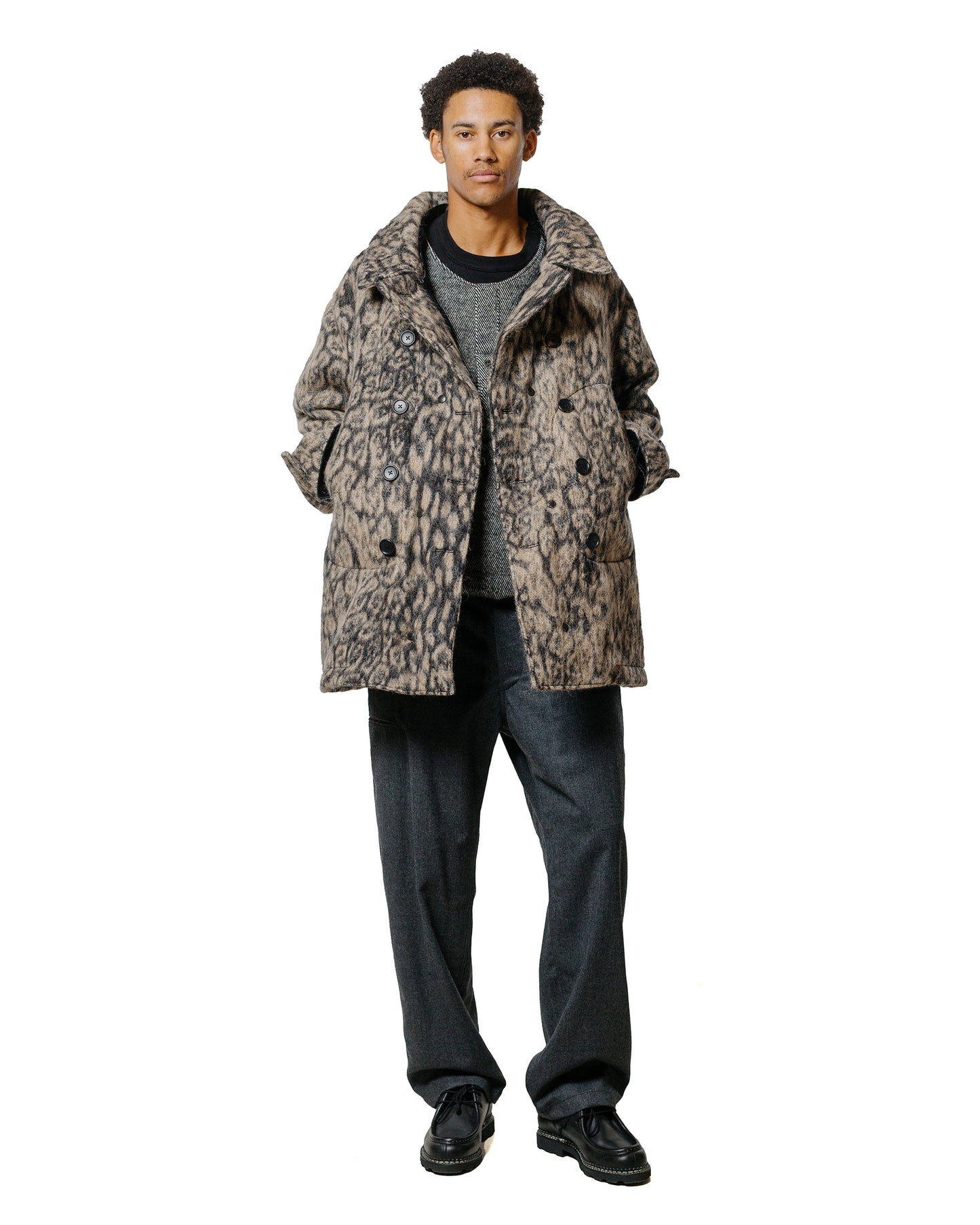 lost & found Engineered Garments Engineered Garments Fireman Jacket Brown Wool Poly Leopard Jacquard