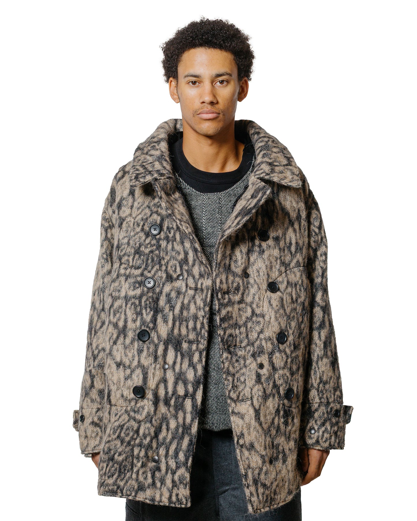lost & found Engineered Garments Engineered Garments Fireman Jacket Brown Wool Poly Leopard Jacquard