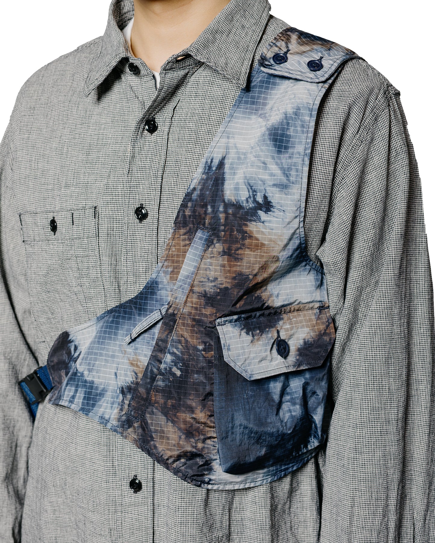 lost & found Engineered Garments Engineered Garments Shoulder Vest Navy Nylon Tie Dye Print Ripstop