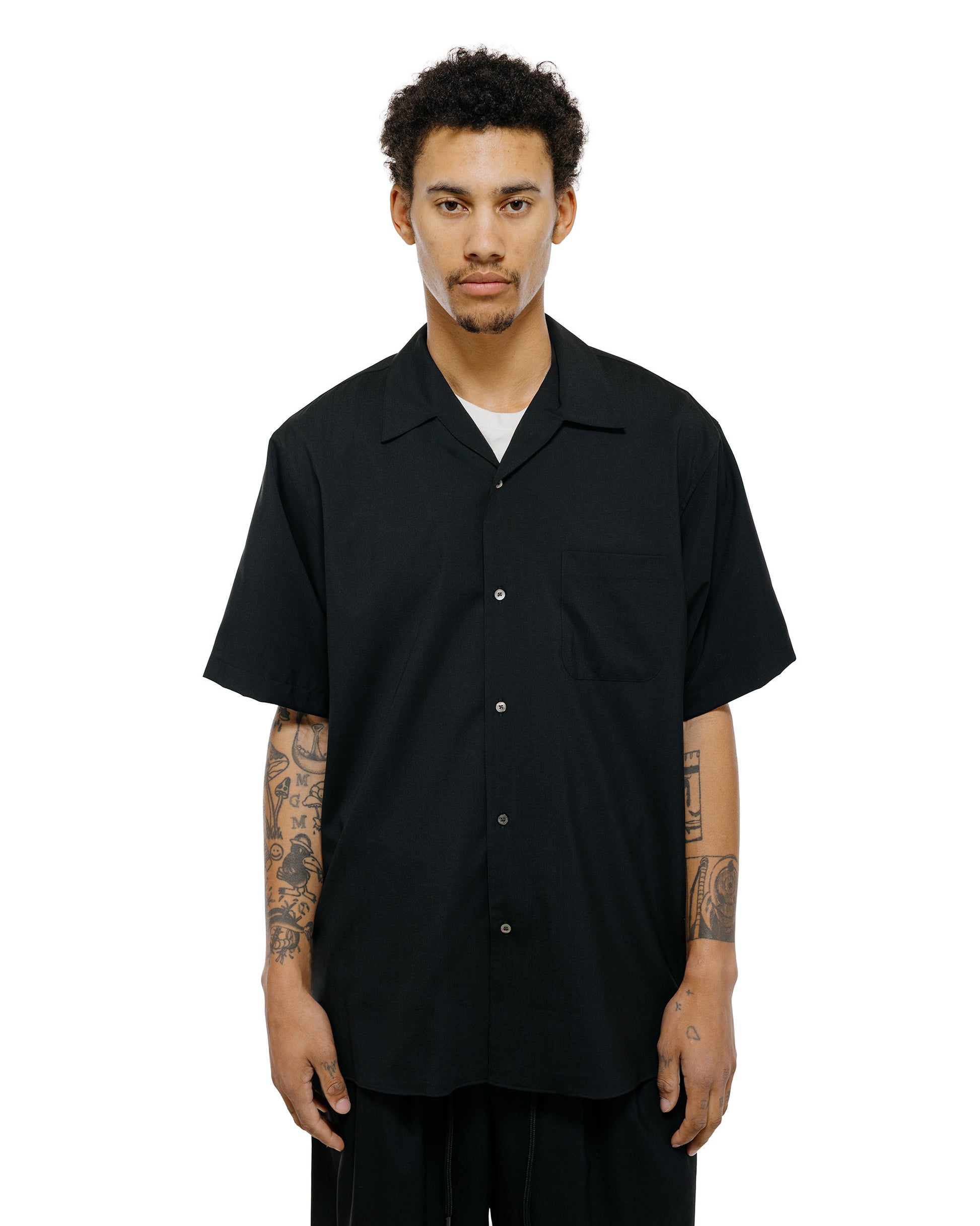 MARKAWARE Italian Open Collar S/S Shirt Organic Wool 2/80 Tropical Black