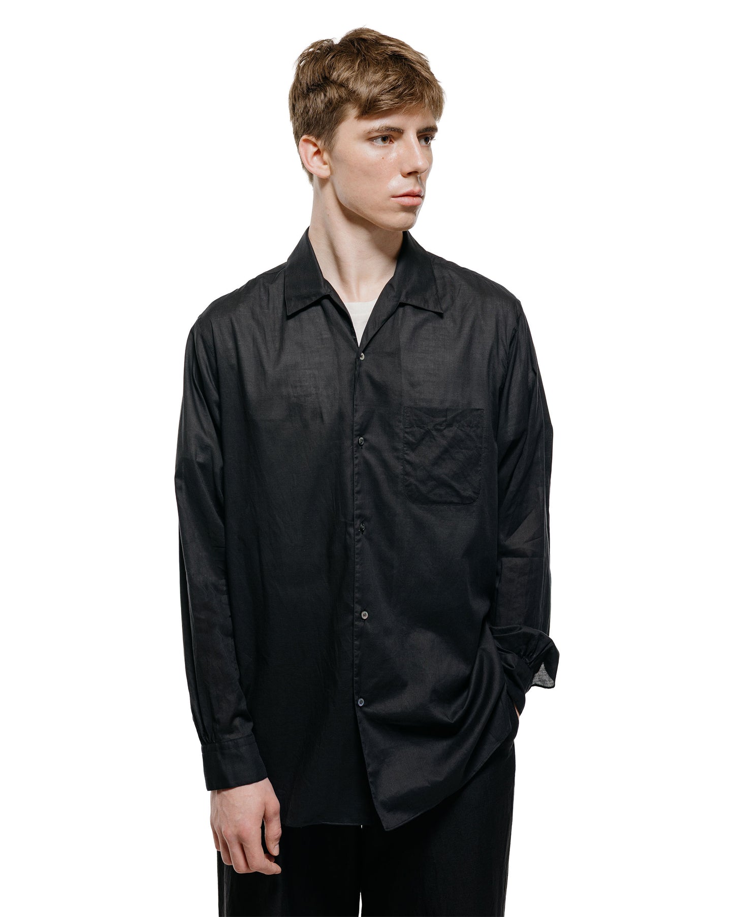 lost & found MARKAWARE MARKAWARE Italian Open Collar Shirt Organic Cotton 90/1 Lawn Black