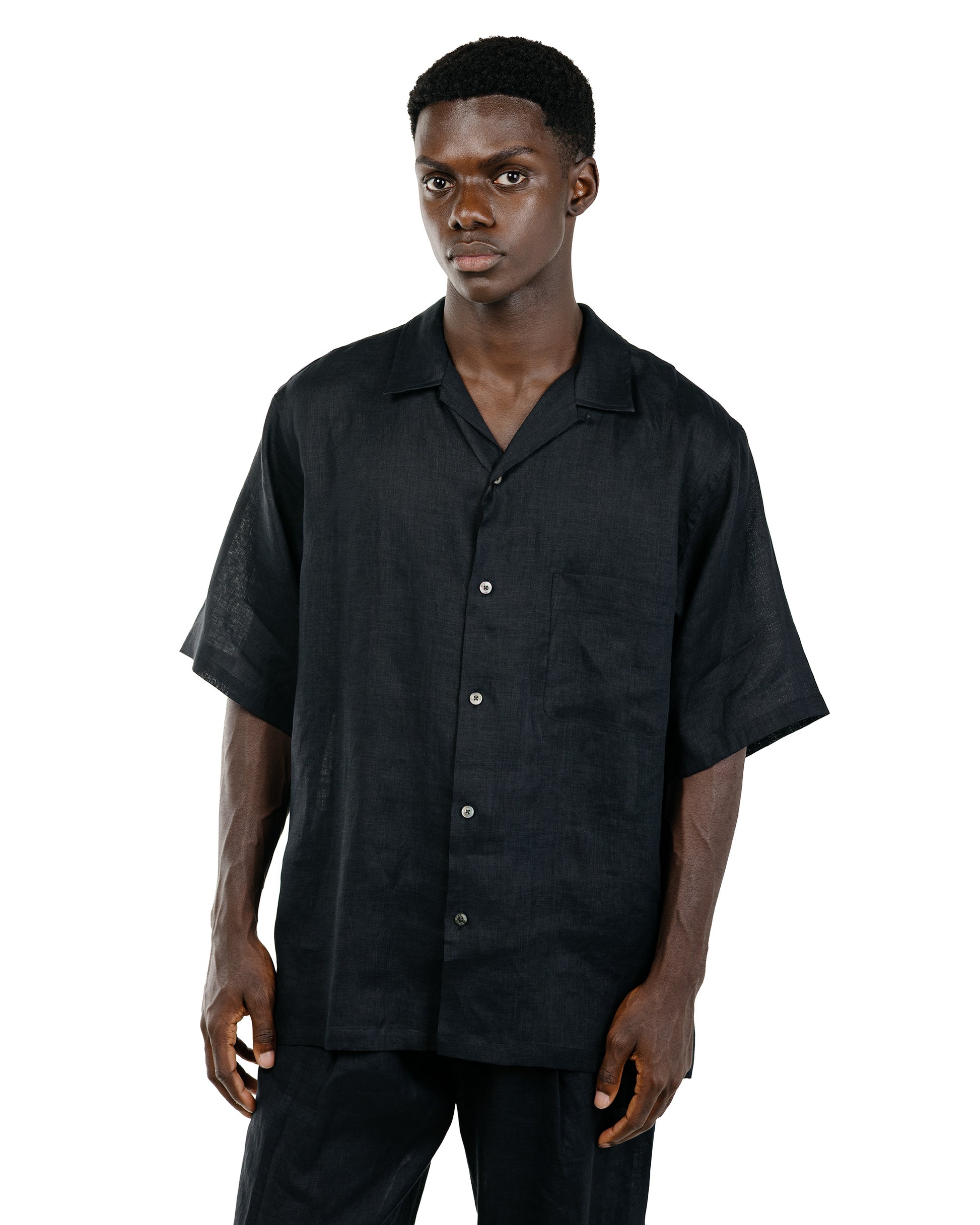 MARKAWARE New Open Collar S/S Shirt Hemp Shirting Black
