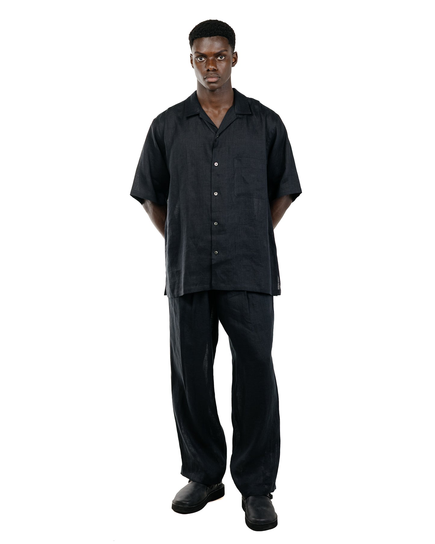 MARKAWARE New Open Collar S/S Shirt Hemp Shirting Black