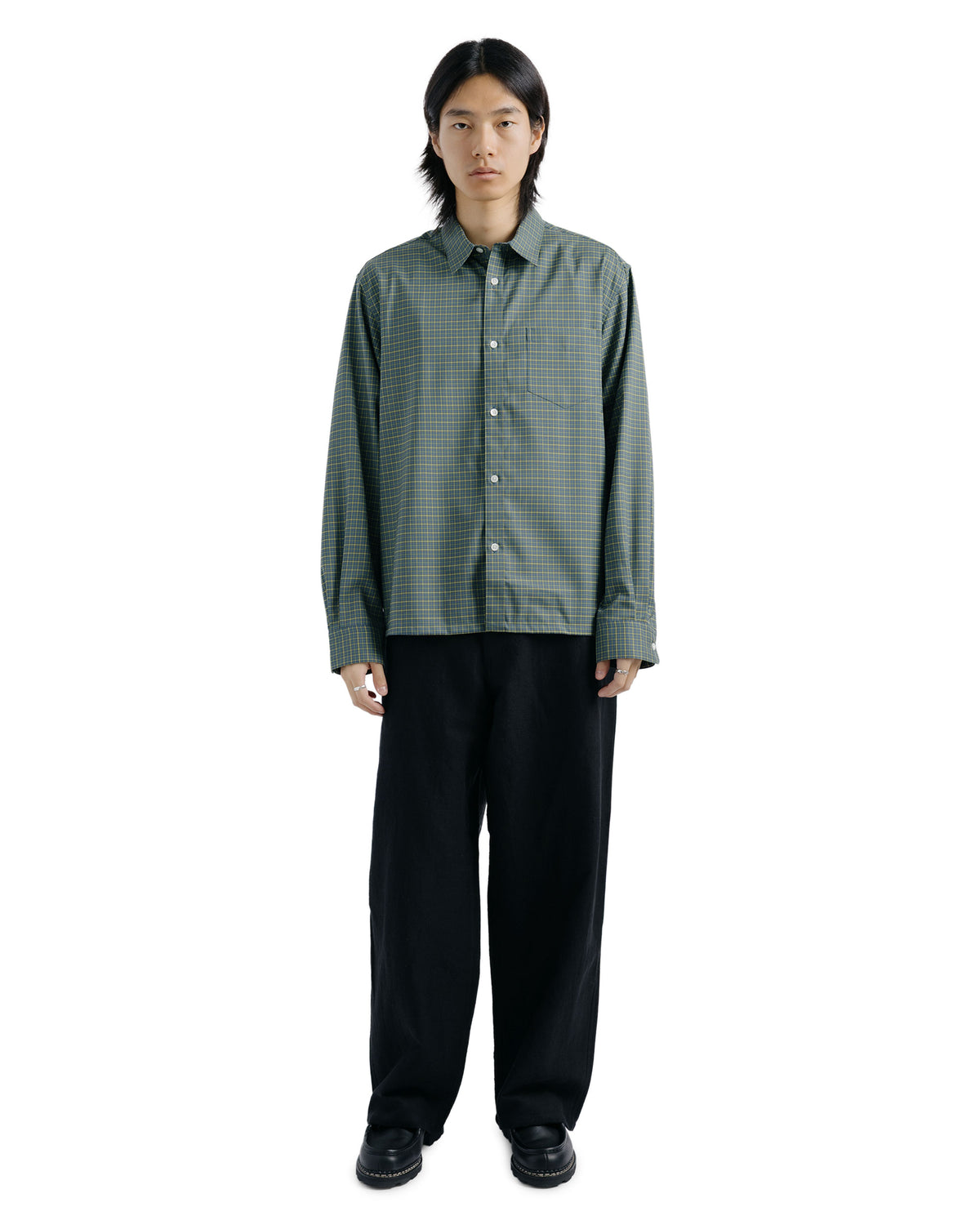 MARKAWARE Square Shirt Super 160s Shrink-Resistant Wool Oxford Green Check