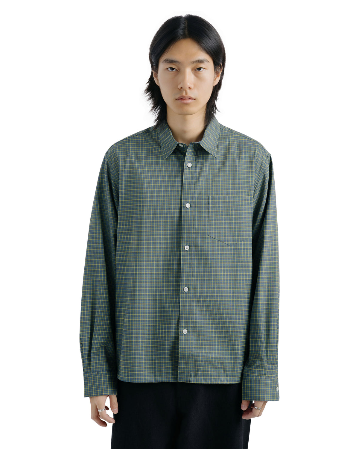 MARKAWARE Square Shirt Super 160s Shrink-Resistant Wool Oxford Green Check