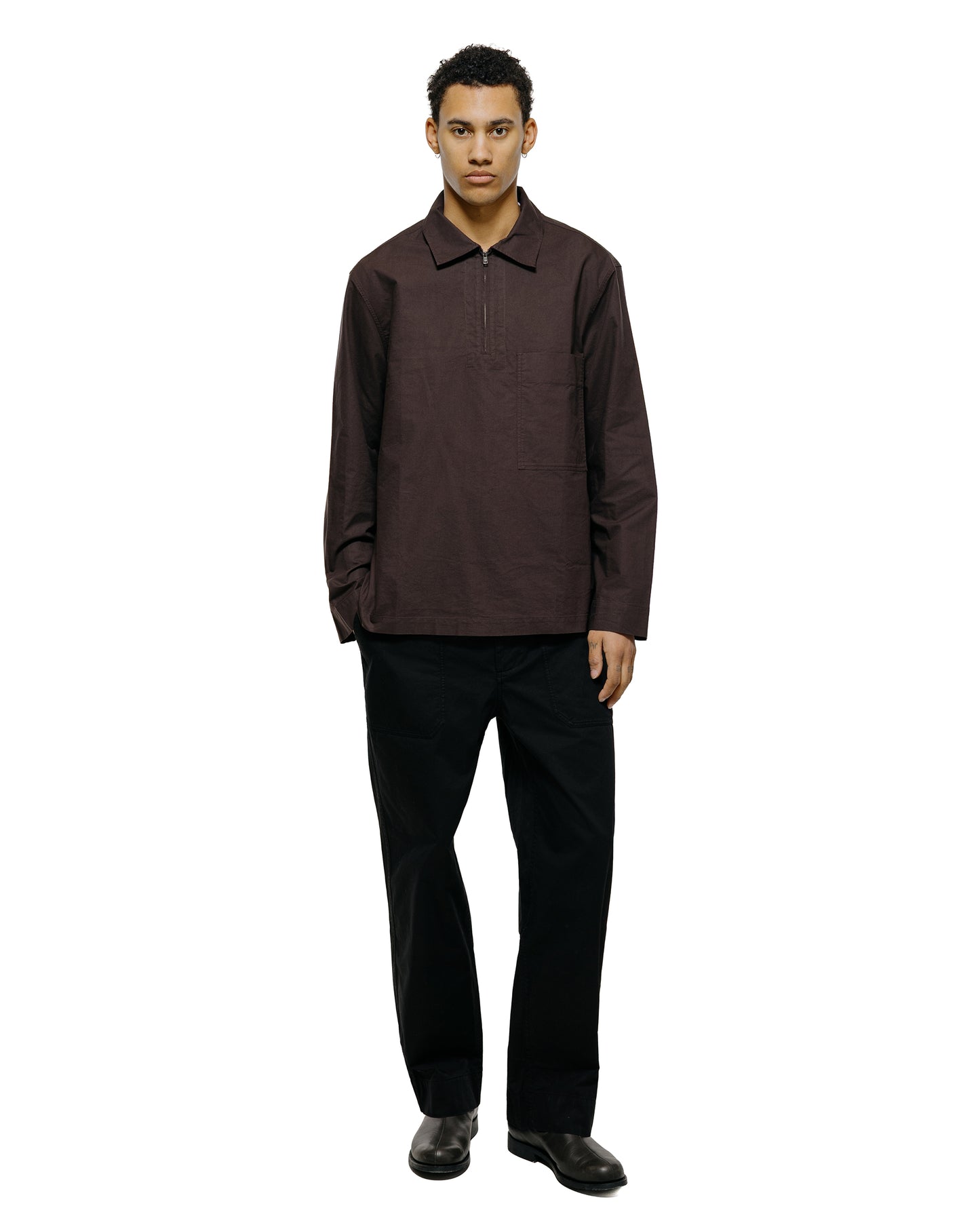 lost & found Margaret Howell MHL Long Sleeve Half Zip Shirt Cotton Canvas Shirting Earth