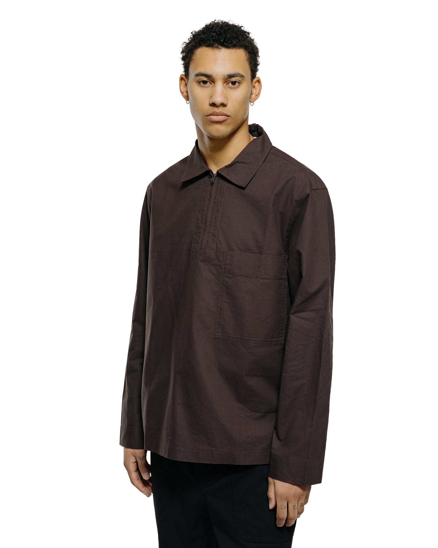 lost & found Margaret Howell MHL Long Sleeve Half Zip Shirt Cotton Canvas Shirting Earth