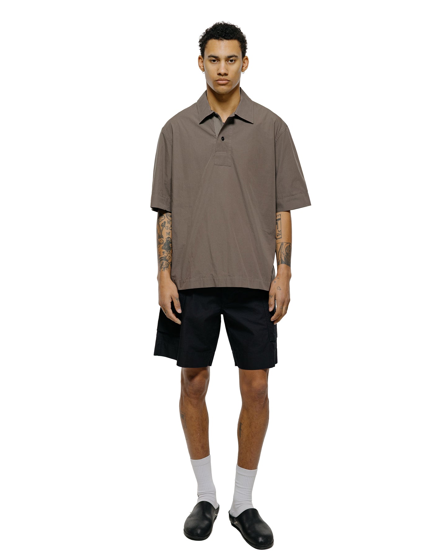 lost & found Margaret Howell MHL Offset Placket Polo Washed Cotton Poplin Mole