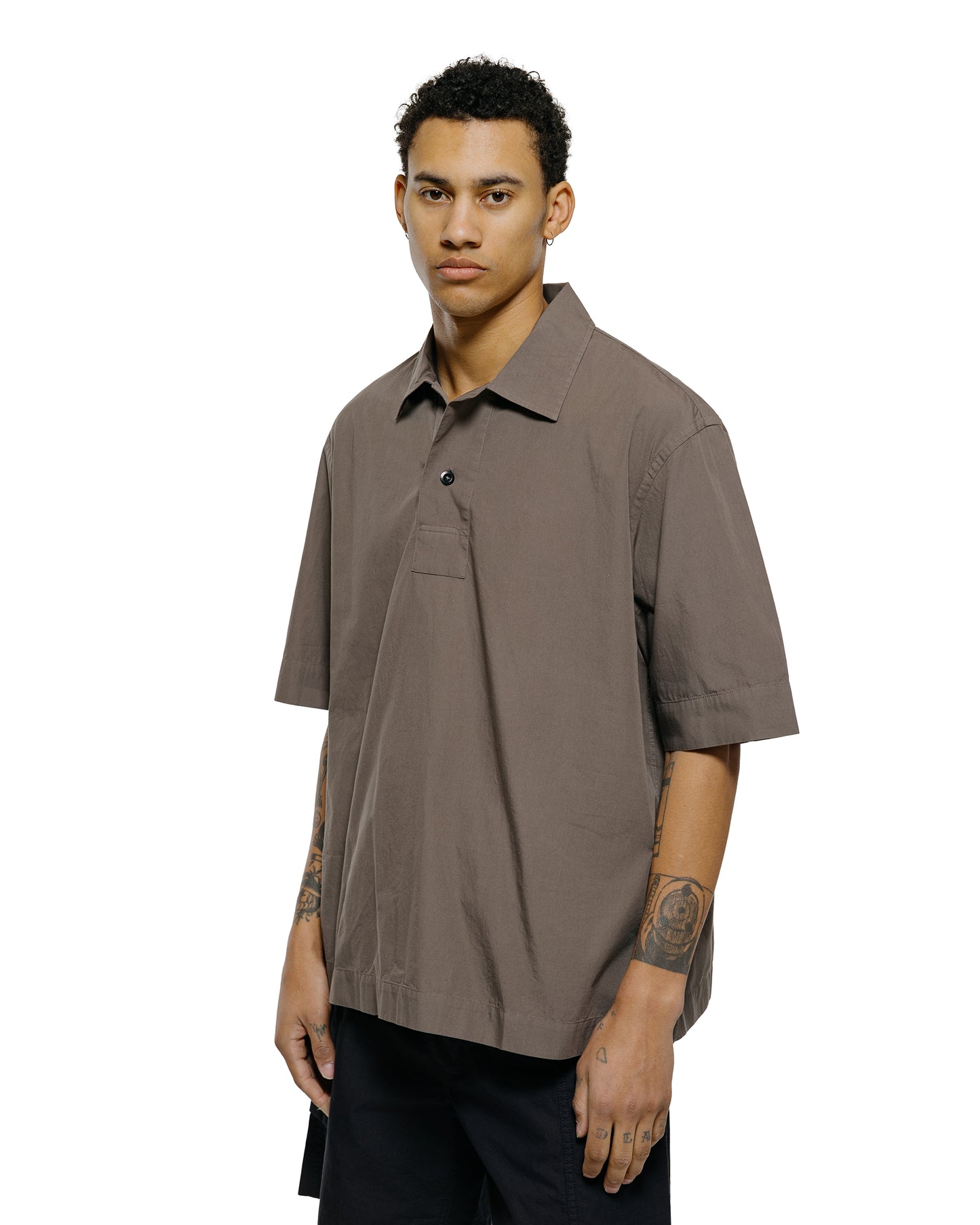 lost & found Margaret Howell MHL Offset Placket Polo Washed Cotton Poplin Mole