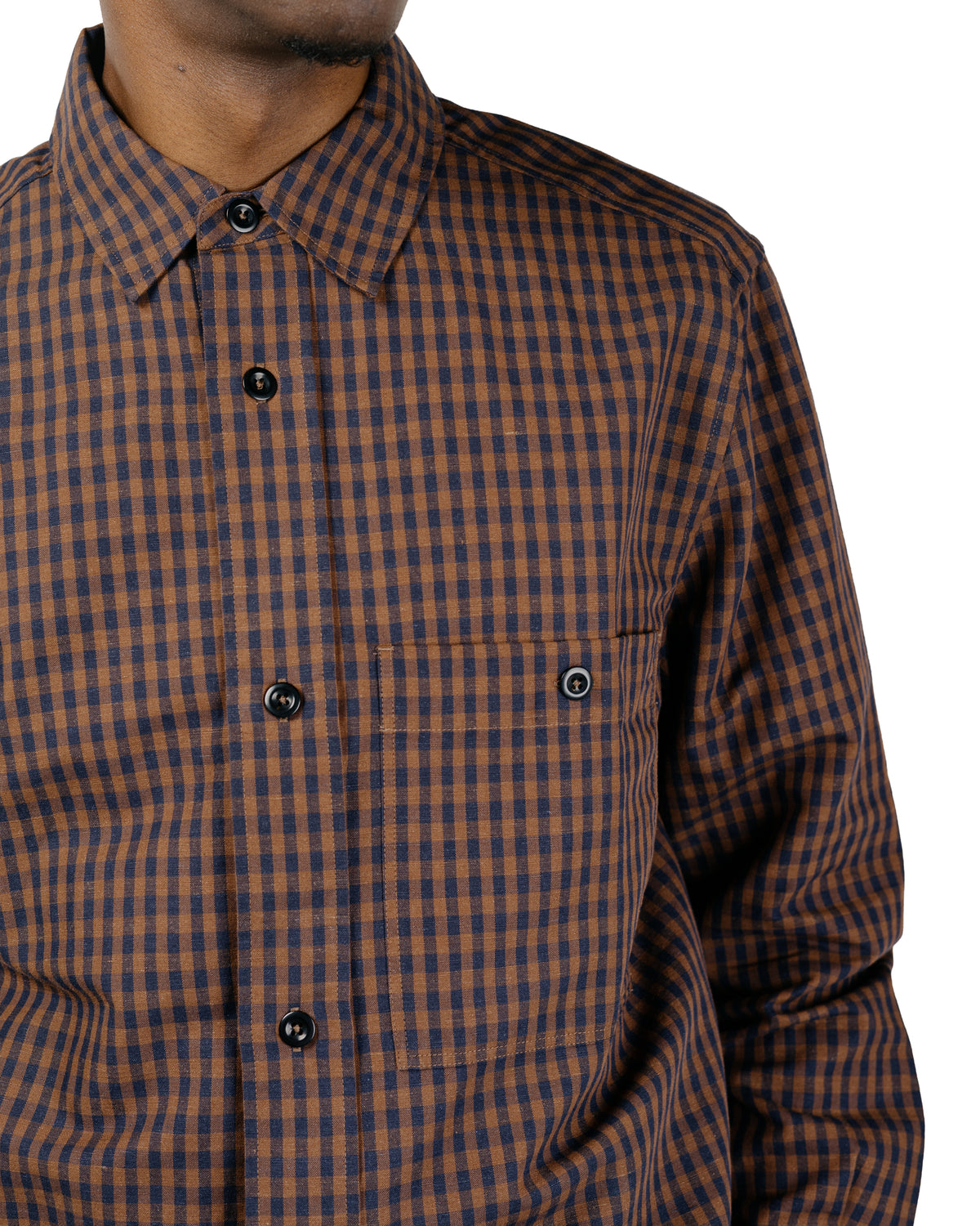 MHL Overall Shirt Irregular Cotton Linen Gingham ChestnutInk