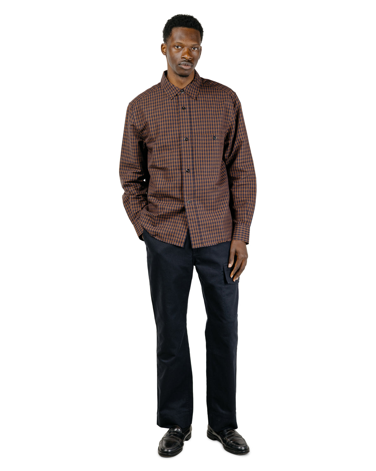 MHL Overall Shirt Irregular Cotton Linen Gingham ChestnutInk