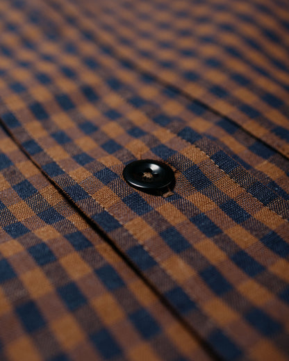 MHL Overall Shirt Irregular Cotton Linen Gingham Chestnut/Ink
