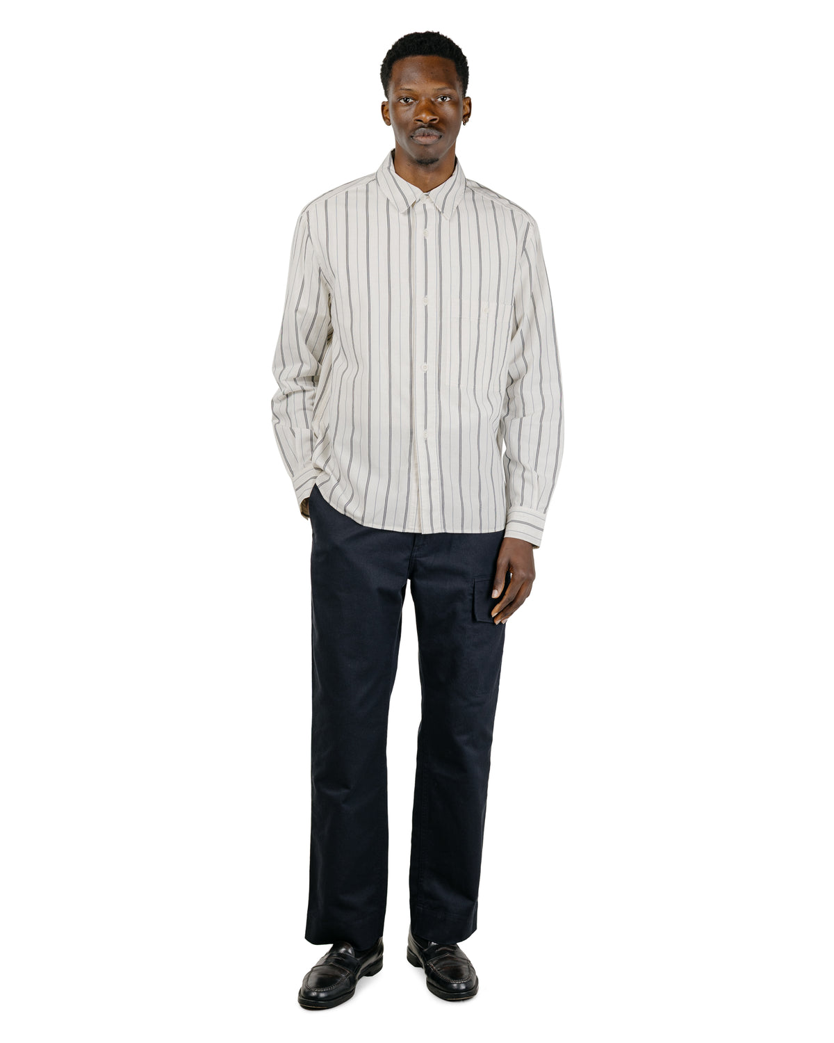 MHL Overall Shirt Japanese Wide Stripe Cotton Blend Off WhiteNavy