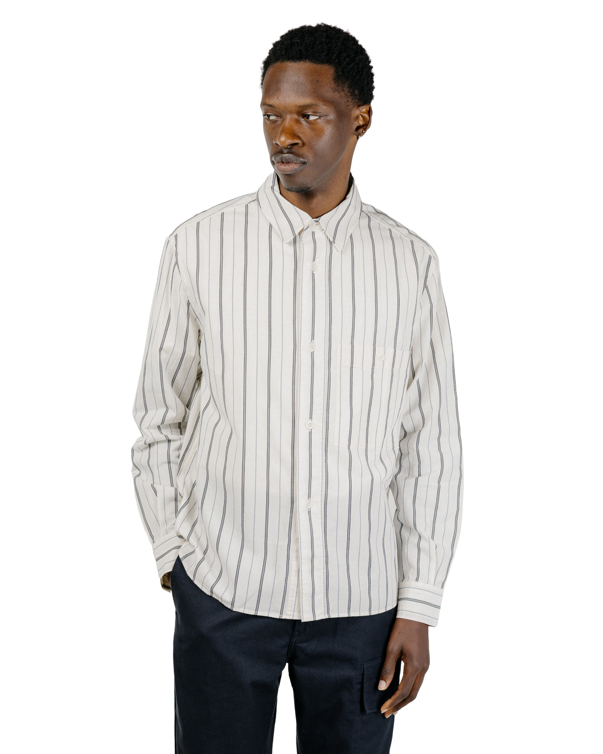 MHL Overall Shirt Japanese Wide Stripe Cotton Blend Off WhiteNavy