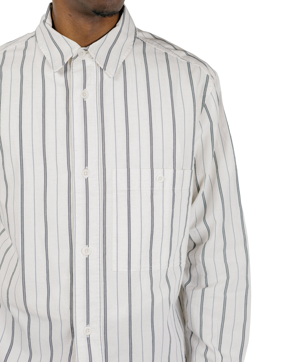 MHL Overall Shirt Japanese Wide Stripe Cotton Blend Off WhiteNavy