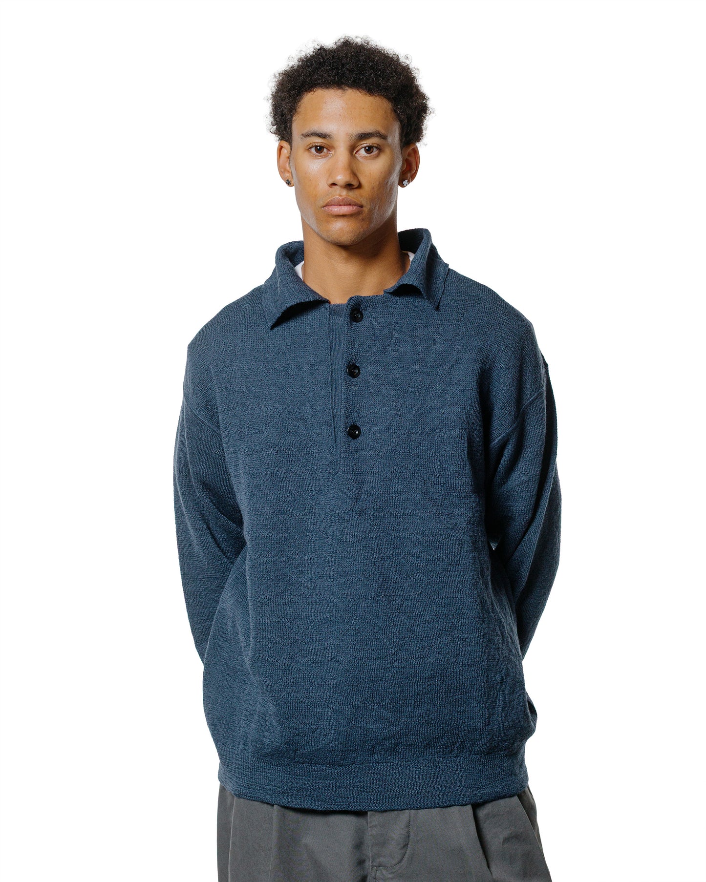 lost & found Margaret Howell MHL Oversized Knitted Polo Dry Wool Uniform Blue