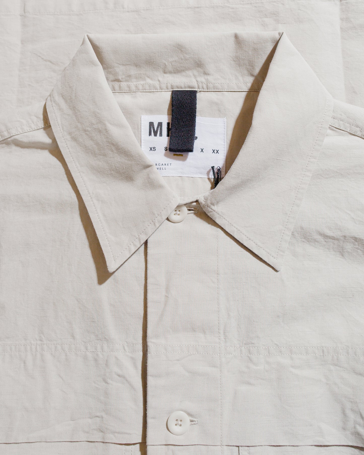 lost & found Margaret Howell MHL Storm Flap Shirt Dry Cotton Linen Pale Stone