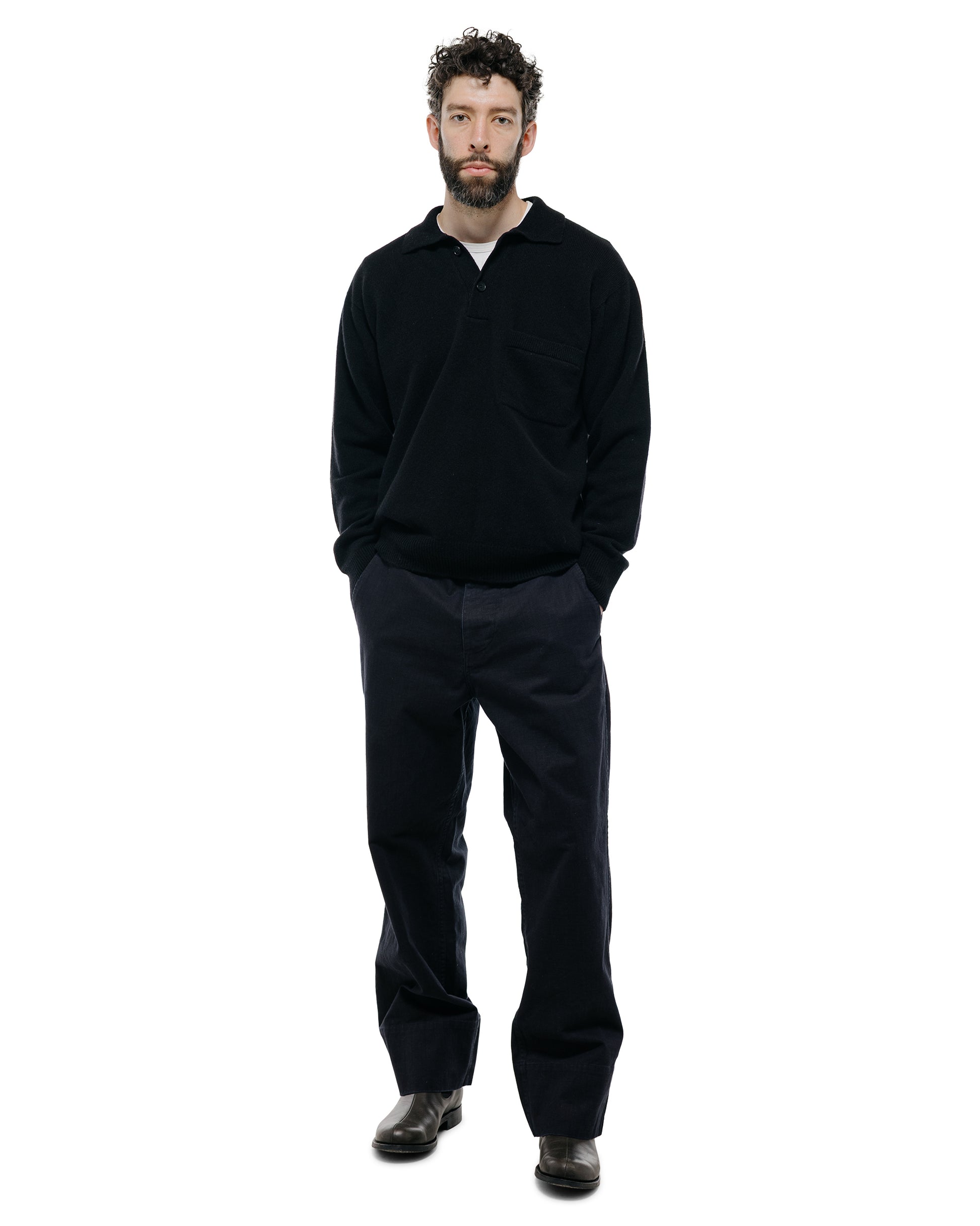 lost & found Margaret Howell Margaret Howell Seamless Pocket Polo Shirt Merino Cashmere Black