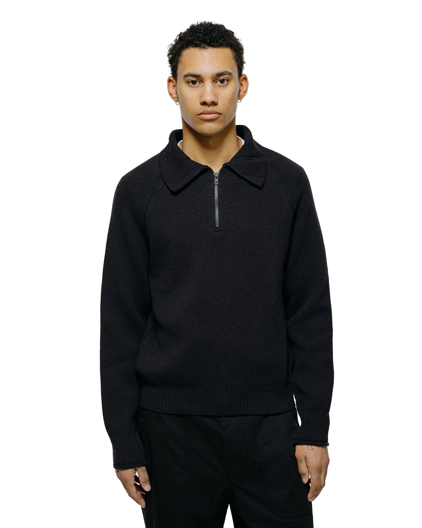 lost & found Margaret Howell Margaret Howell Zip Up Polo Jumper Wool Cotton Black