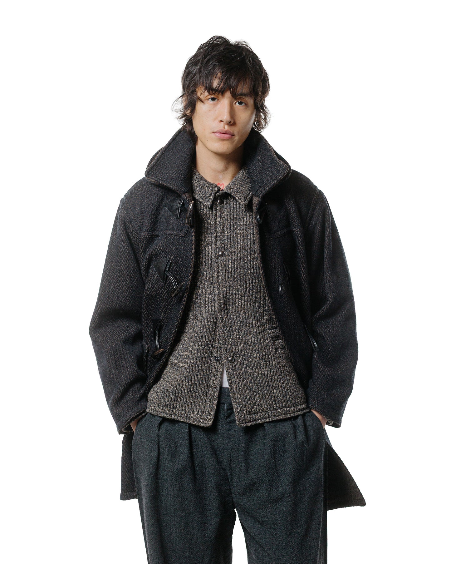 lost & found NICENESS NICENESS H. Pierre Lily-Yarn Herringbone Reversible Duffle Coat Brown/Black
