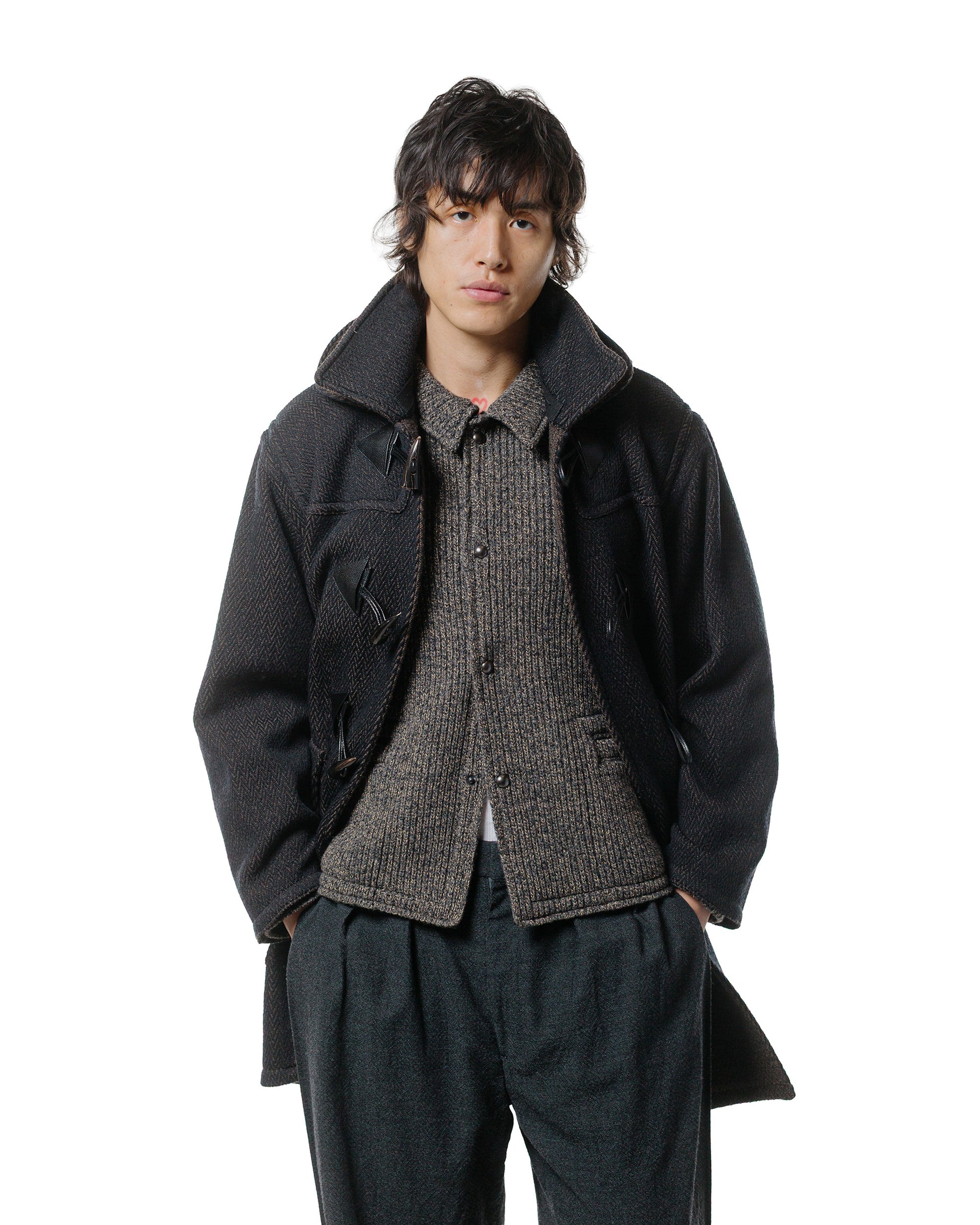 lost & found NICENESS NICENESS H. Pierre Lily-Yarn Herringbone Reversible Duffle Coat Brown/Black