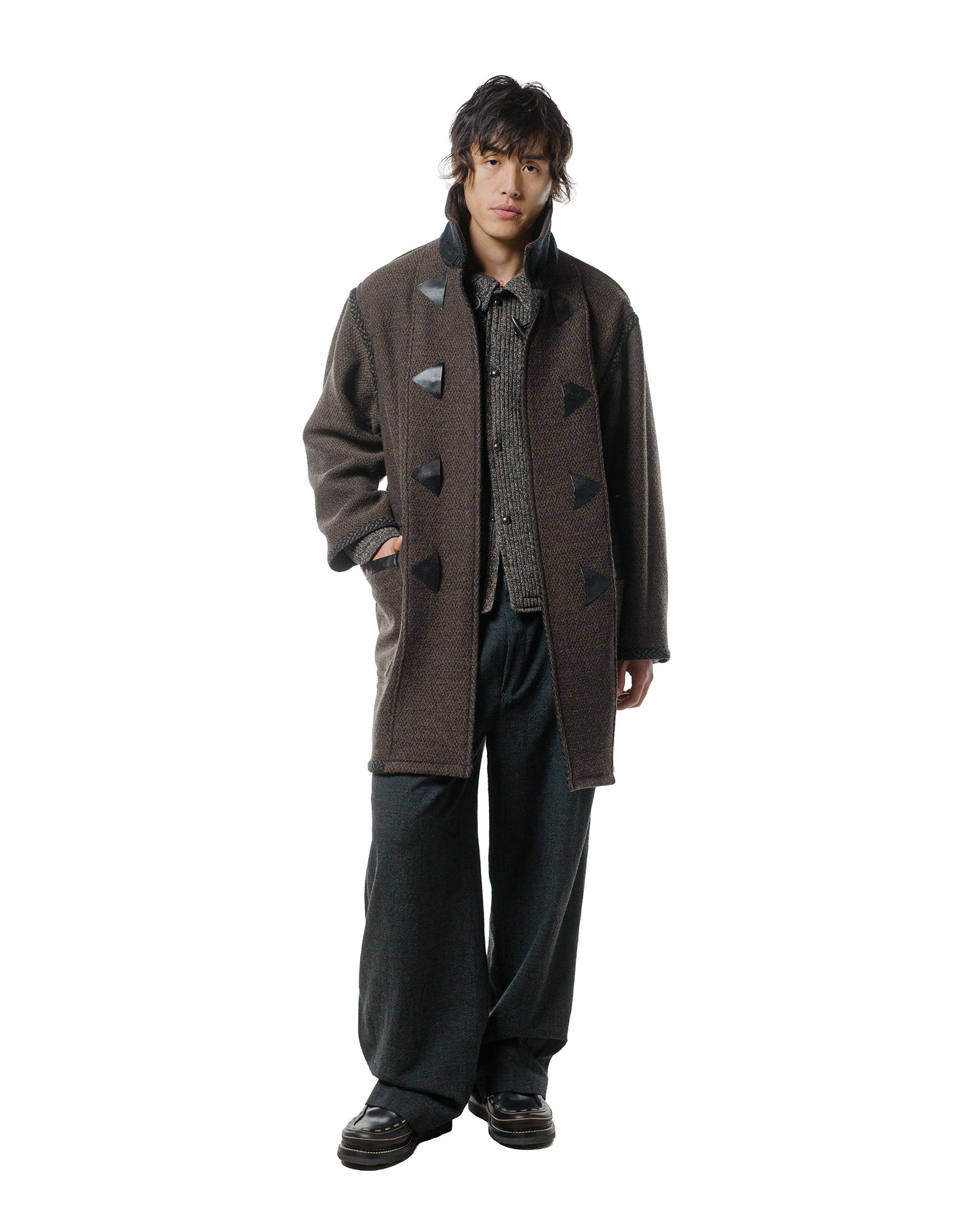 lost & found NICENESS NICENESS H. Pierre Lily-Yarn Herringbone Reversible Duffle Coat Brown/Black