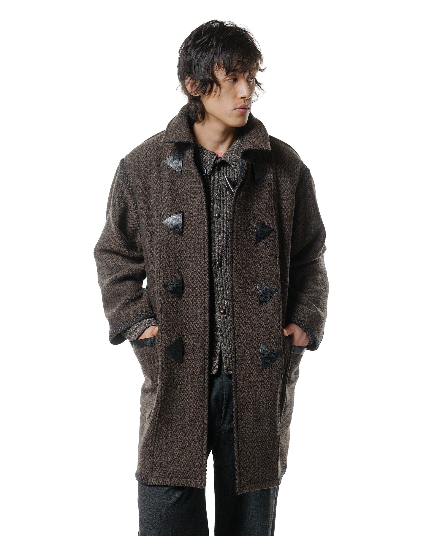 lost & found NICENESS NICENESS H. Pierre Lily-Yarn Herringbone Reversible Duffle Coat Brown/Black