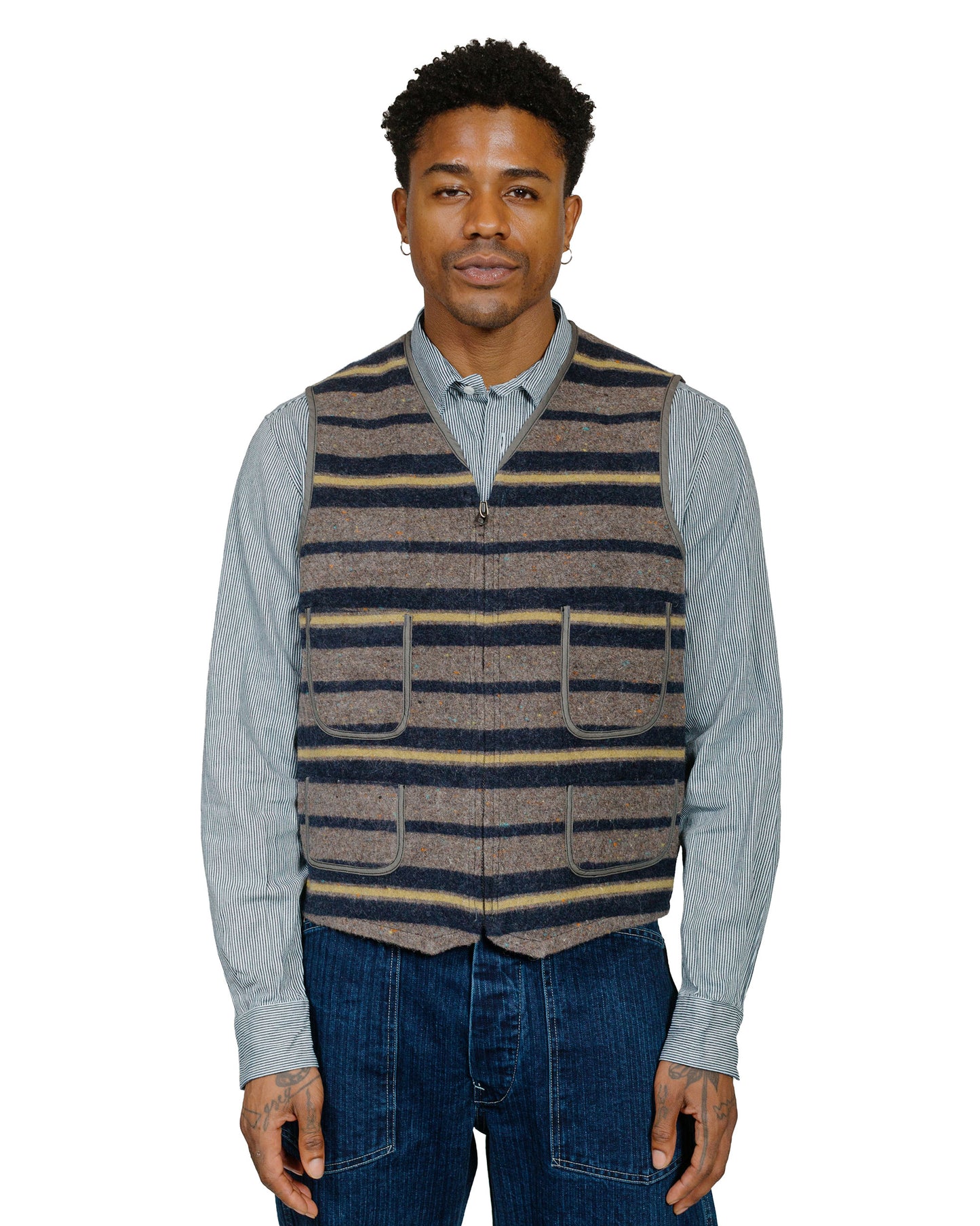 lost & found Post O'Alls Post O'Alls Fleece Vest Trashed Wool Navy Stripe