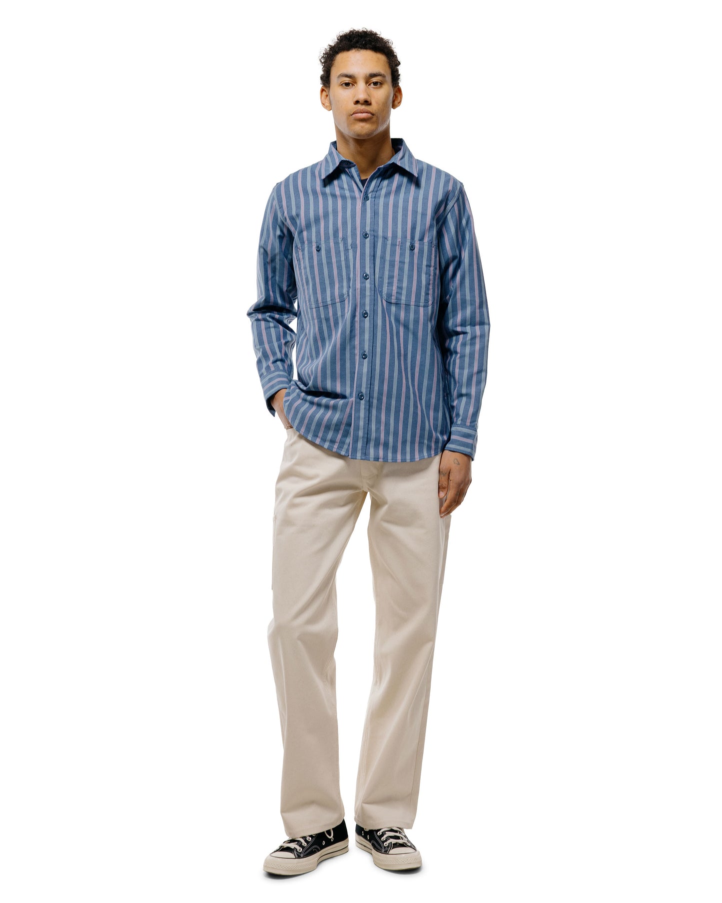 lost & found Randy's Garments Randy's Garments 3-Pocket Work Shirt Cotton Stripe Jacquard Oxford Cloth Blue